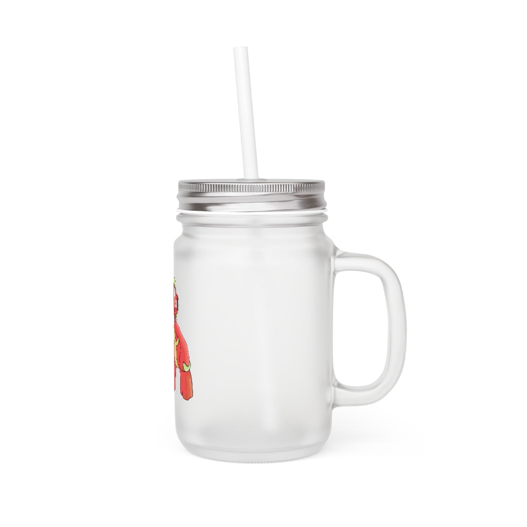 A stylish Tsosti Mason Jar made of frosted glass, featuring a straw and lid, perfect for personalized drinks.