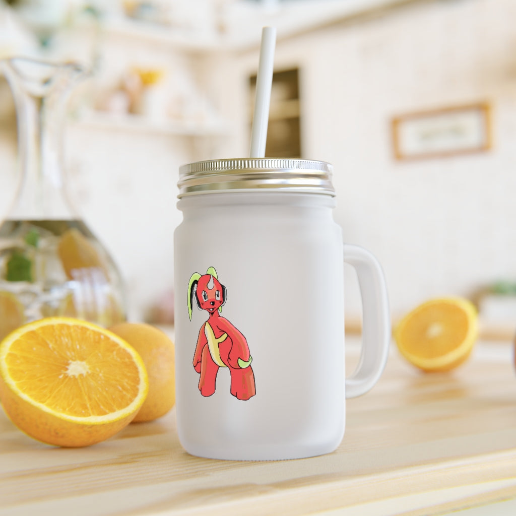 A stylish Tsosti Mason Jar made of frosted glass, featuring a straw and lid, perfect for personalized drinks.