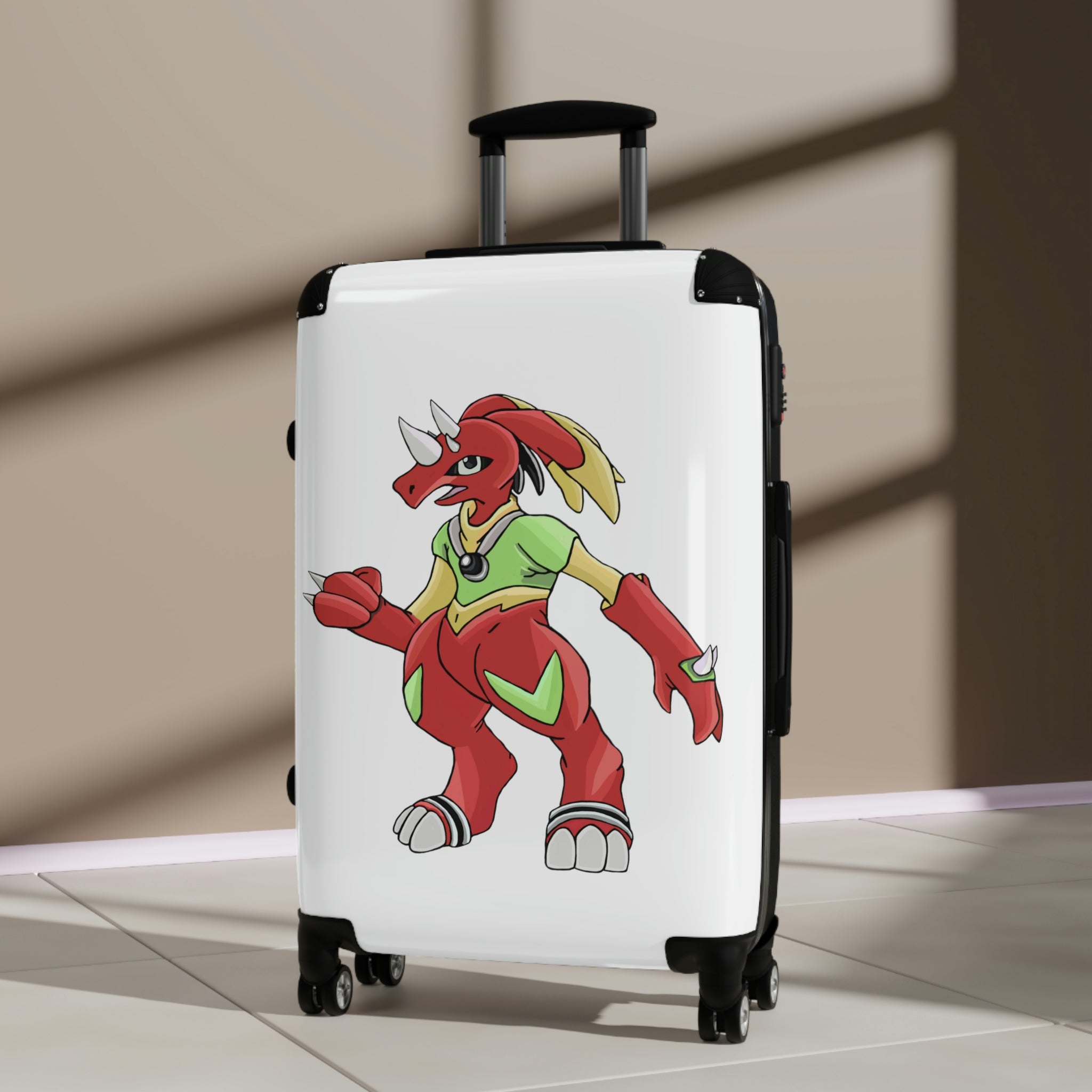 Tsostibird Cabin Suitcase featuring a personalized design, lightweight polycarbonate front, and ABS back, with adjustable handle and 360° swivel wheels.