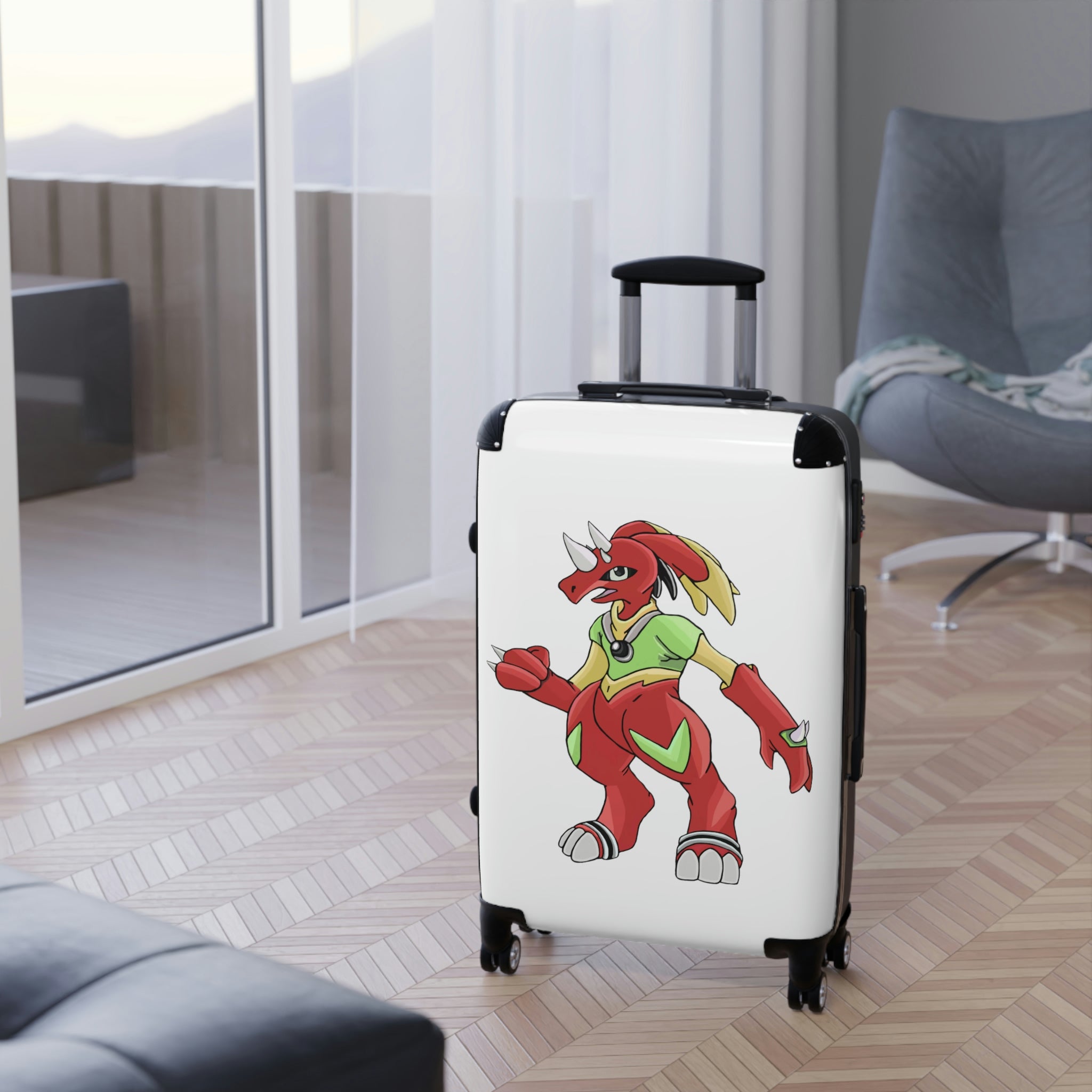 Tsostibird Cabin Suitcase featuring a personalized design, lightweight polycarbonate front, and ABS back, with adjustable handle and 360° swivel wheels.