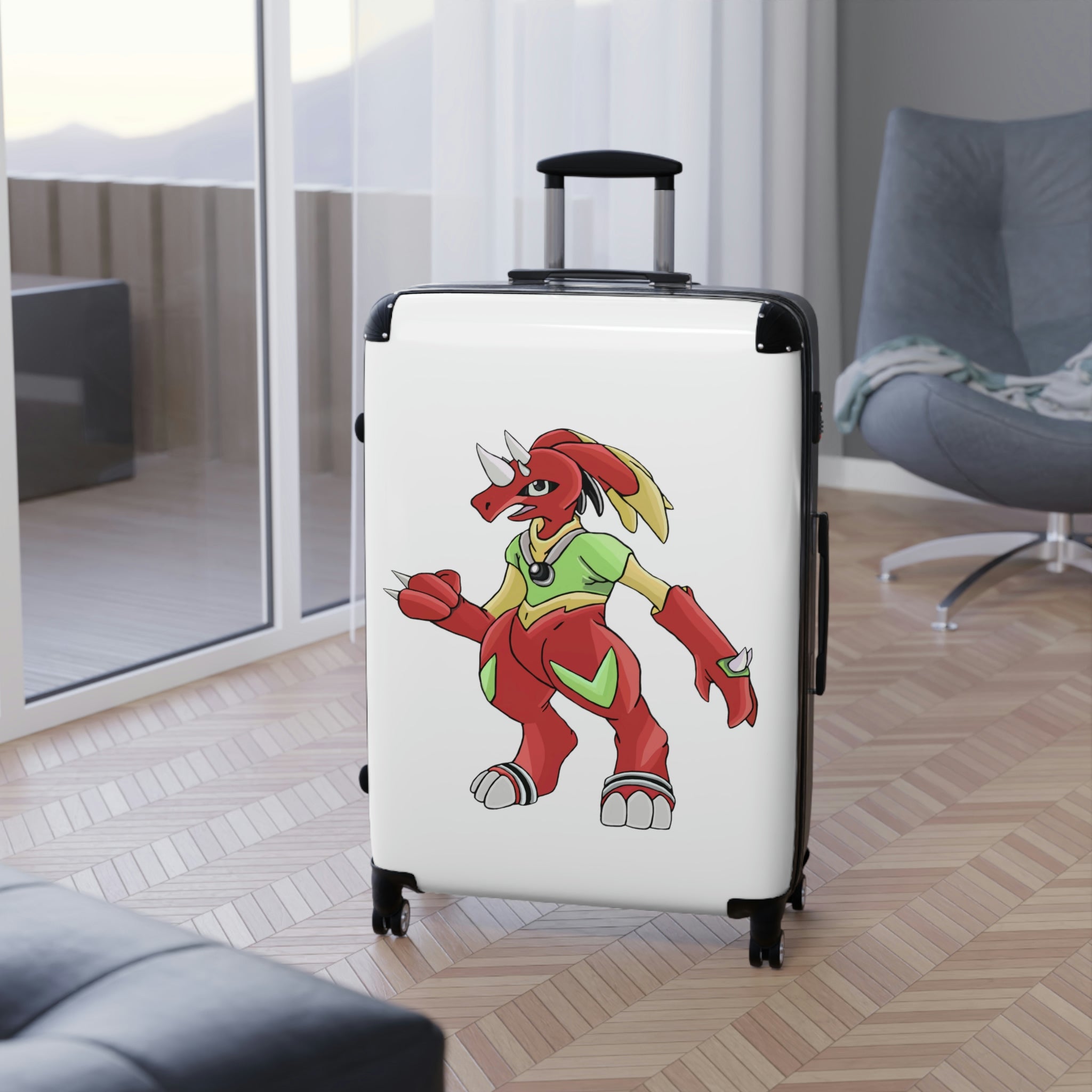 Tsostibird Cabin Suitcase featuring a personalized design, lightweight polycarbonate front, and ABS back, with adjustable handle and 360° swivel wheels.