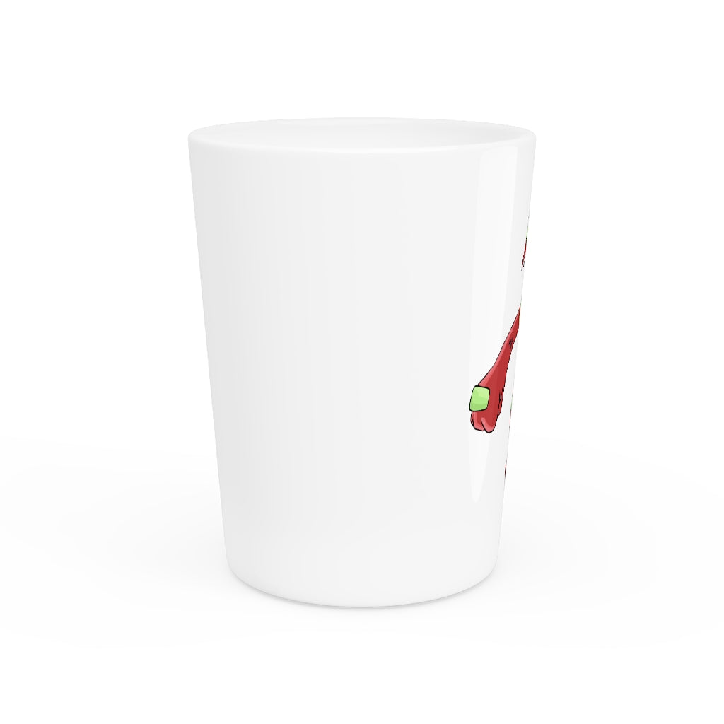 A personalized Tsostichan Shot Glass made of white ceramic with a customizable design, available in white or black interior.