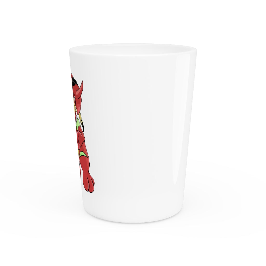 A personalized Tsostichan Shot Glass made of white ceramic with a customizable design, available in white or black interior.