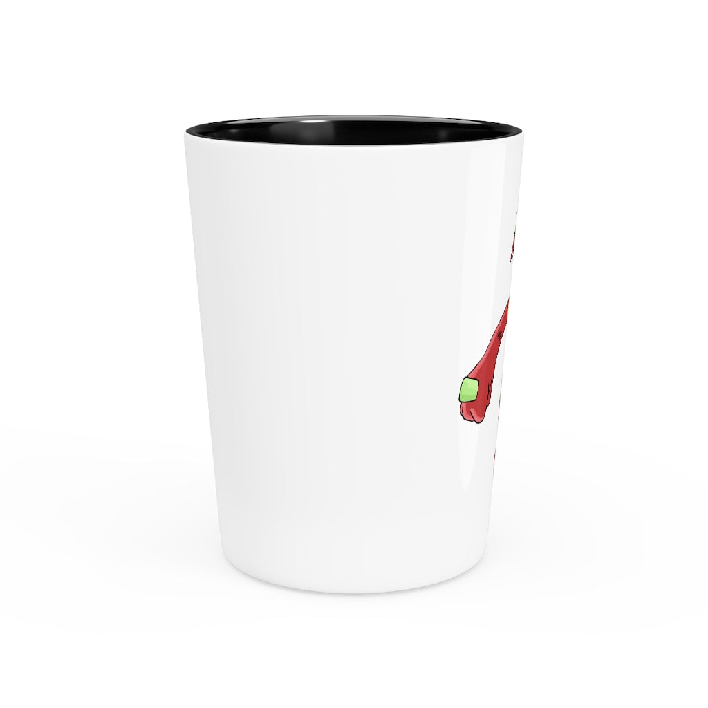 A personalized Tsostichan Shot Glass made of white ceramic with a customizable design, available in white or black interior.