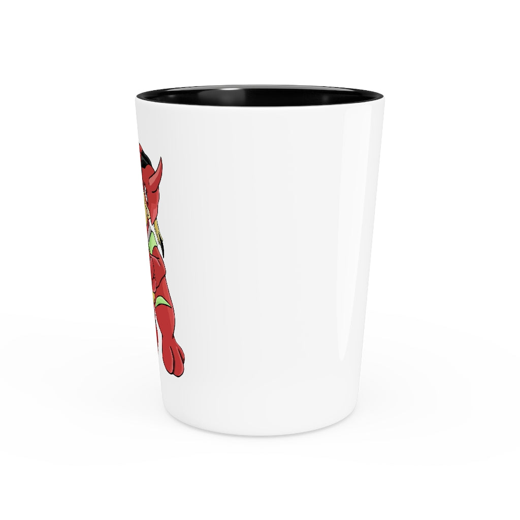 A personalized Tsostichan Shot Glass made of white ceramic with a customizable design, available in white or black interior.