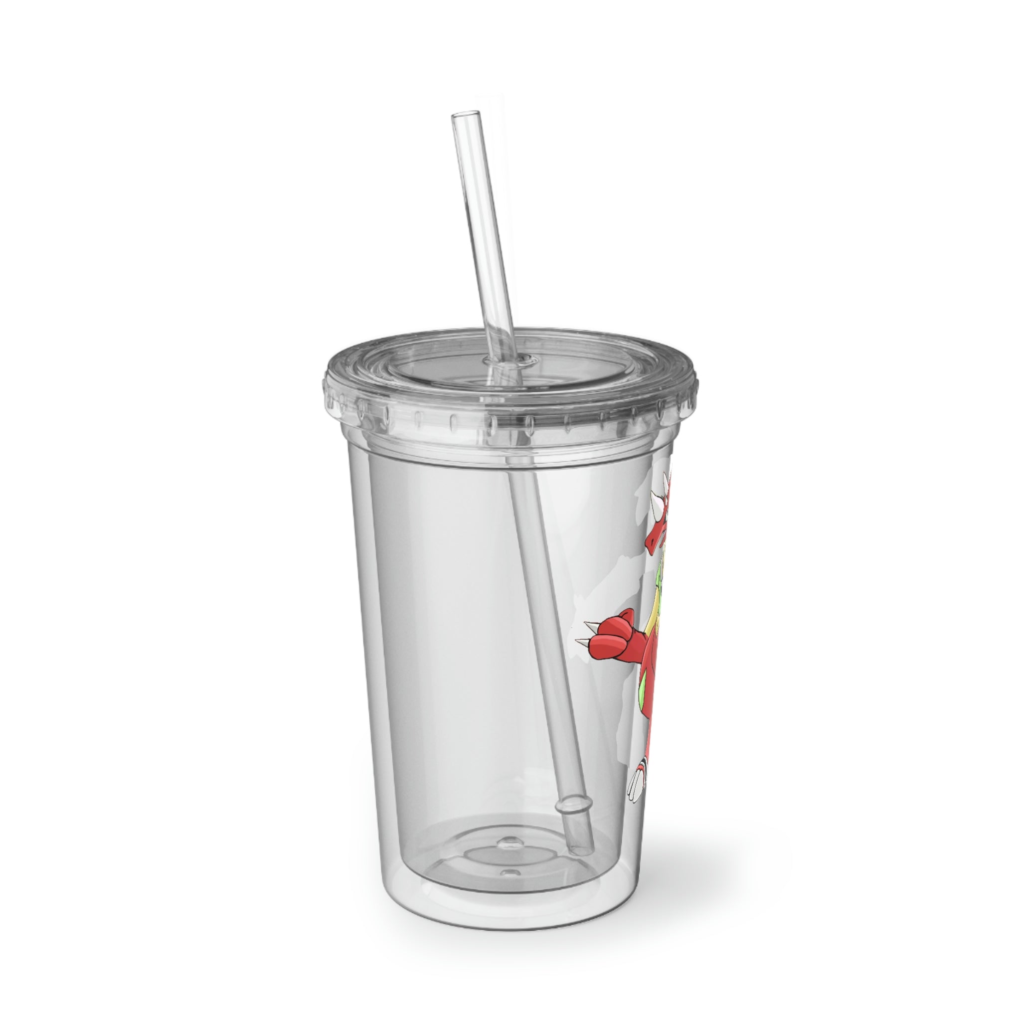 Tsostkibird Suave Acrylic Cup in stainless steel with a black screw-on cap and plastic straw, showcasing customizable design.