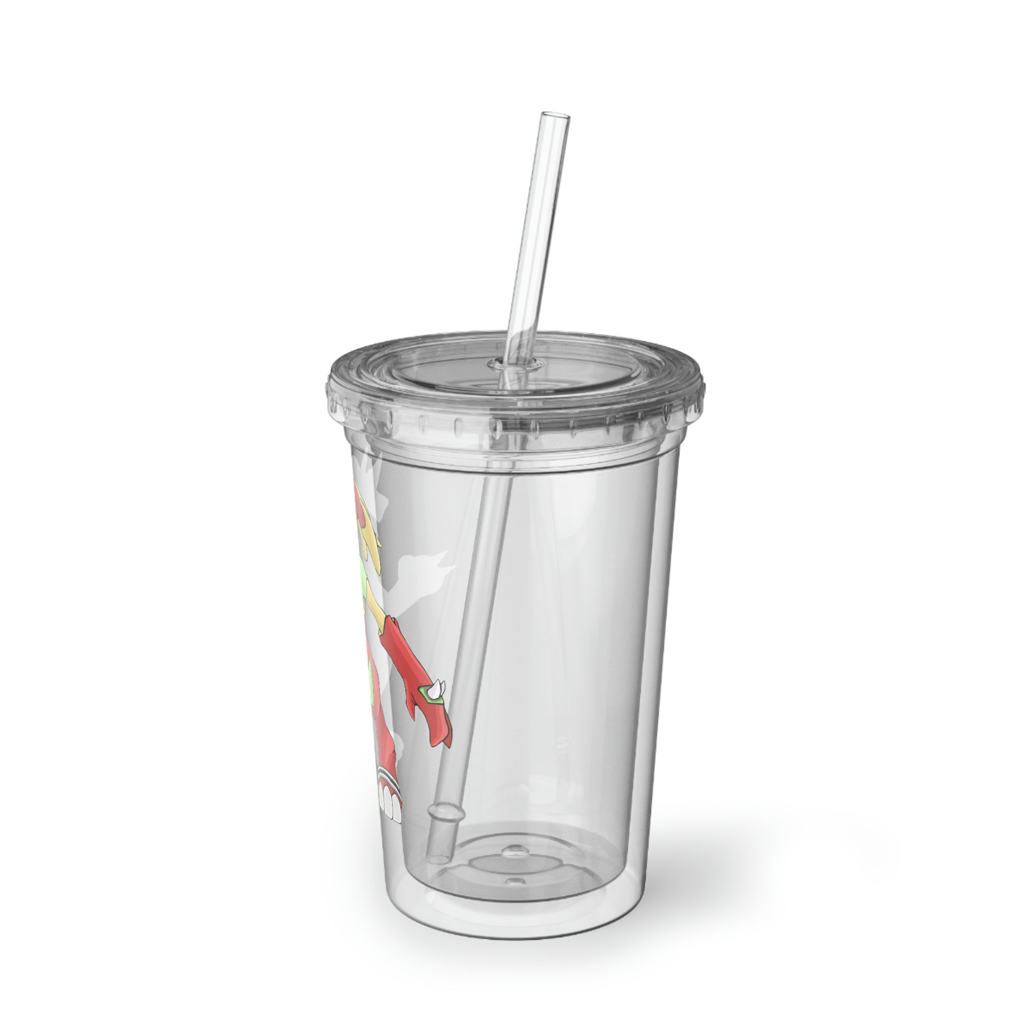 Tsostkibird Suave Acrylic Cup in stainless steel with a black screw-on cap and plastic straw, showcasing customizable design.