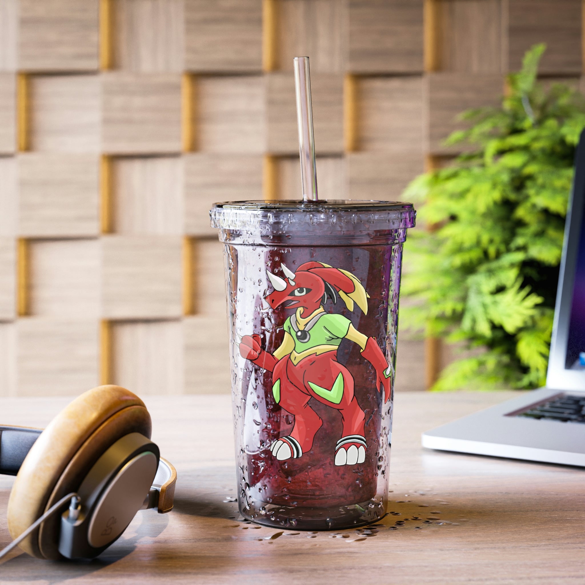 Tsostkibird Suave Acrylic Cup in stainless steel with a black screw-on cap and plastic straw, showcasing customizable design.