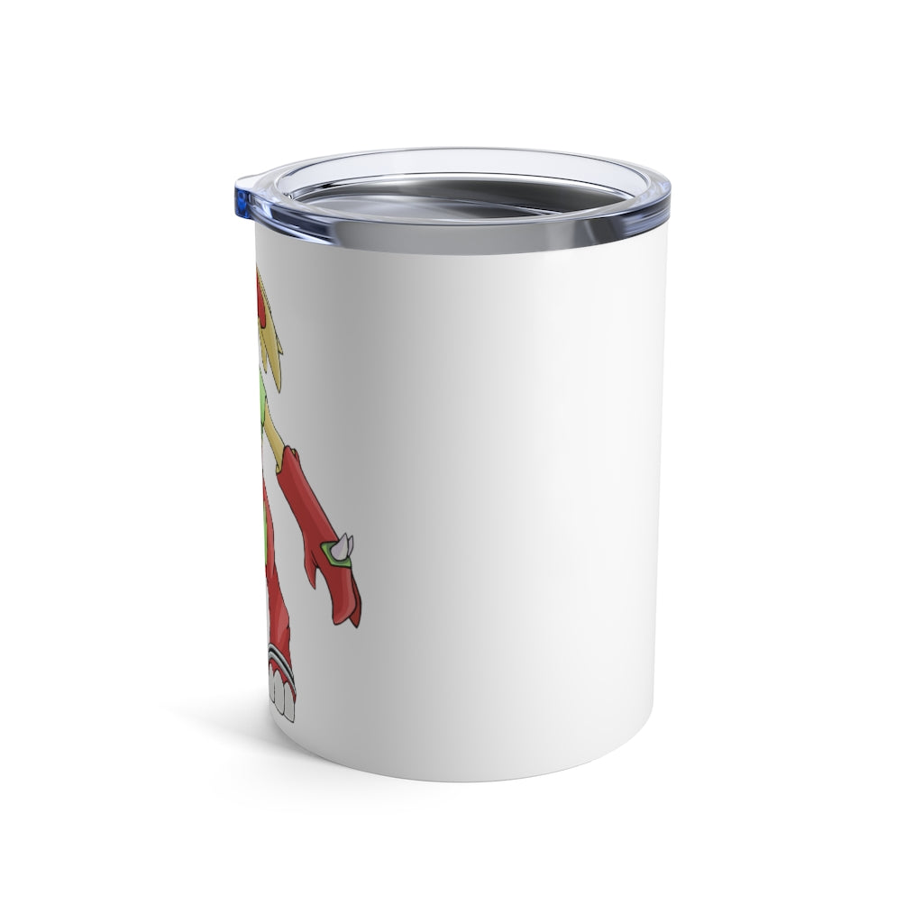 Tsostkibird Tumbler 10oz in stainless steel with a see-thru plastic lid, showcasing its sleek design and compact size.