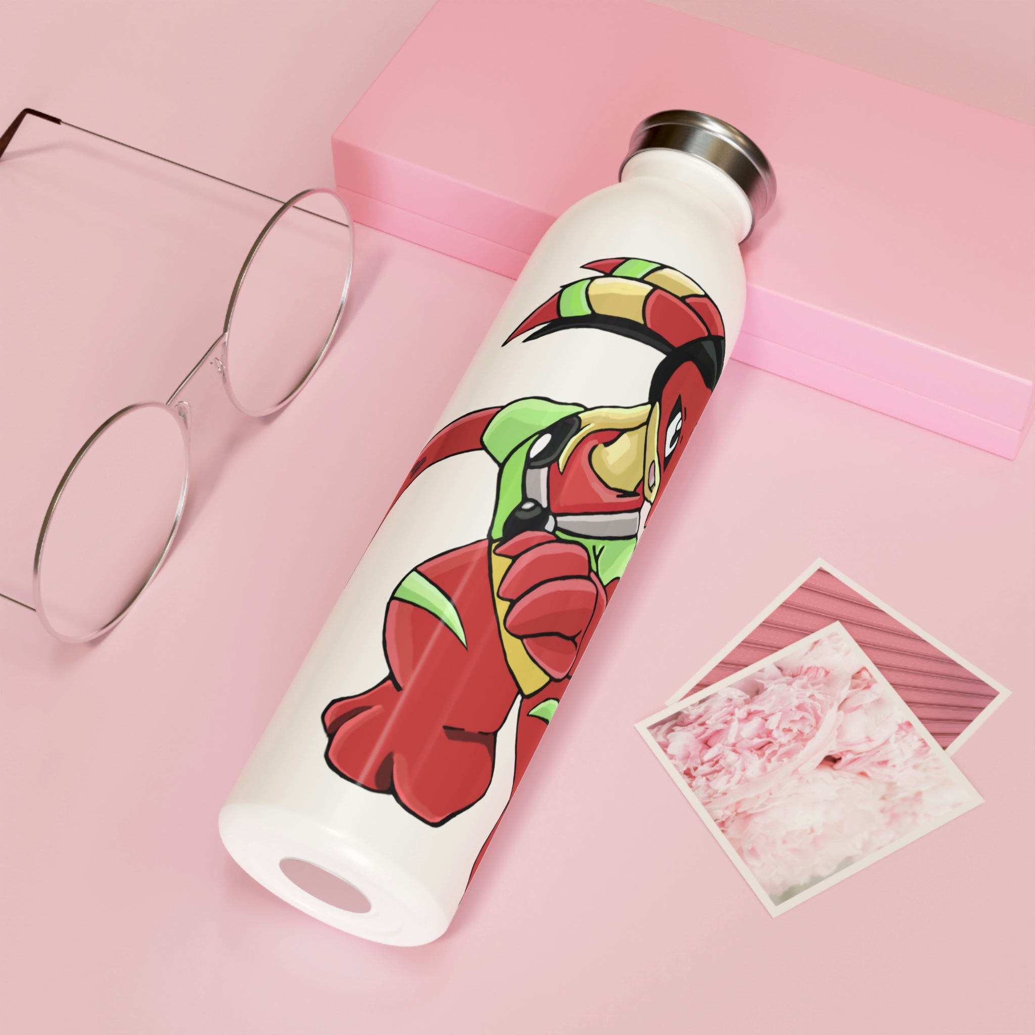 Tsostkichan Slim Water Bottle in matte finish with stylish lid, showcasing personalized designs.