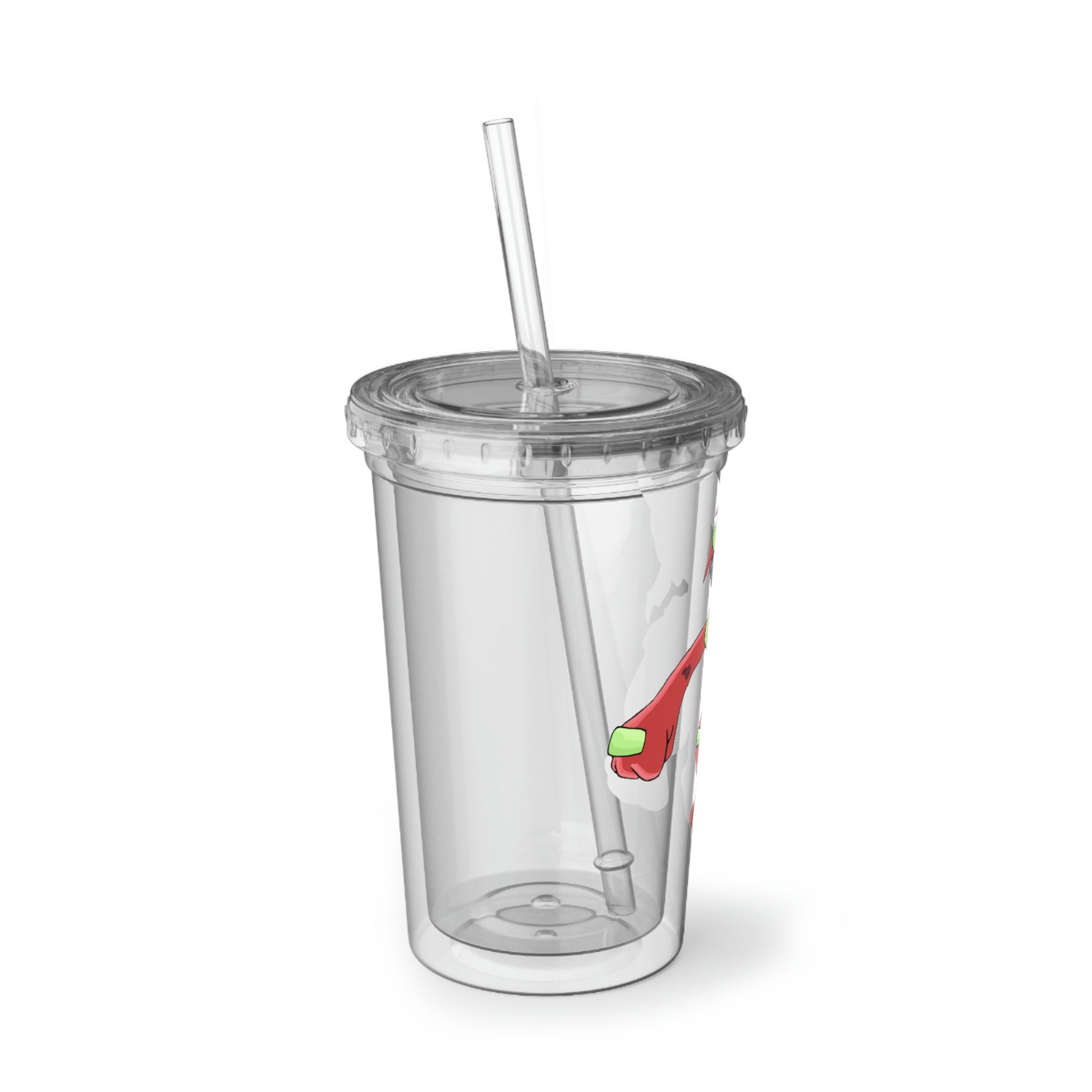 Tsostkichan Suave Acrylic Cup in stainless steel with a black screw-on cap and a plastic straw, showcasing a customizable design.