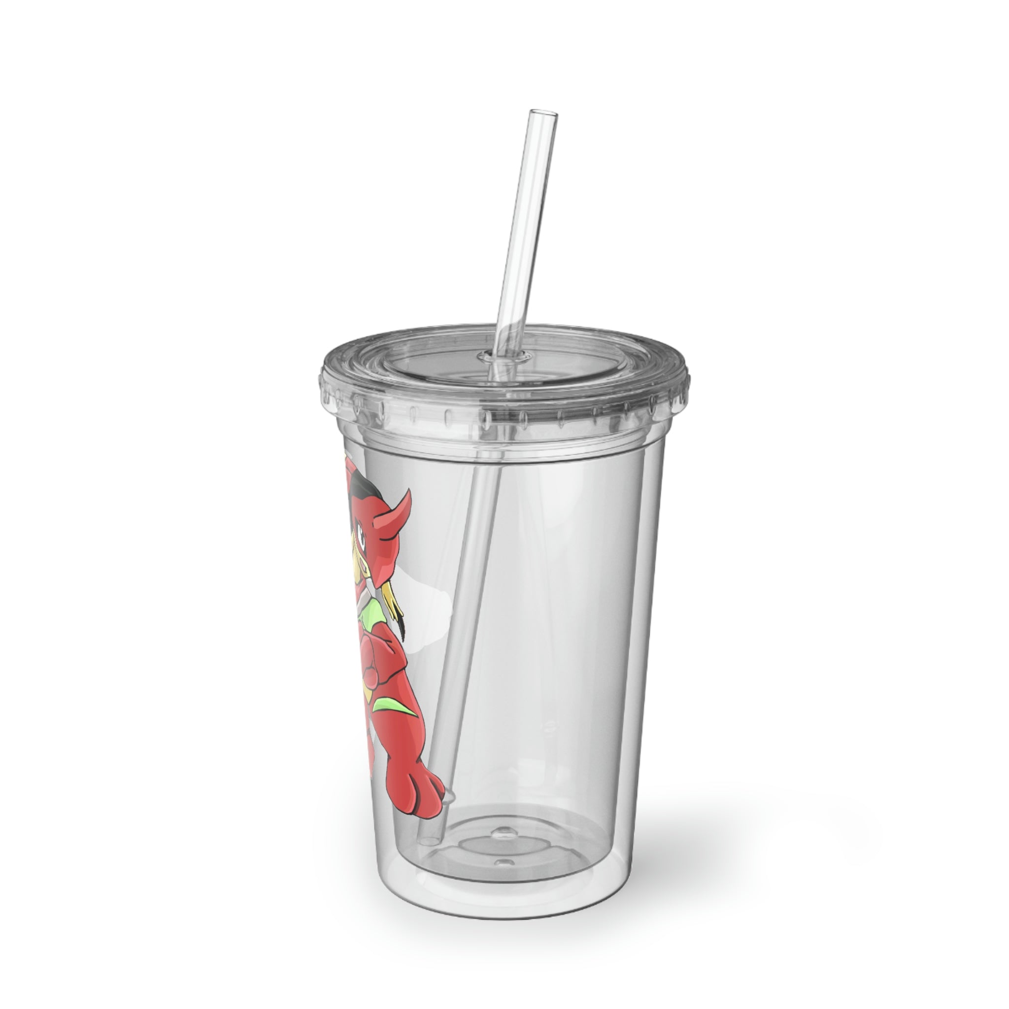 Tsostkichan Suave Acrylic Cup in stainless steel with a black screw-on cap and a plastic straw, showcasing a customizable design.