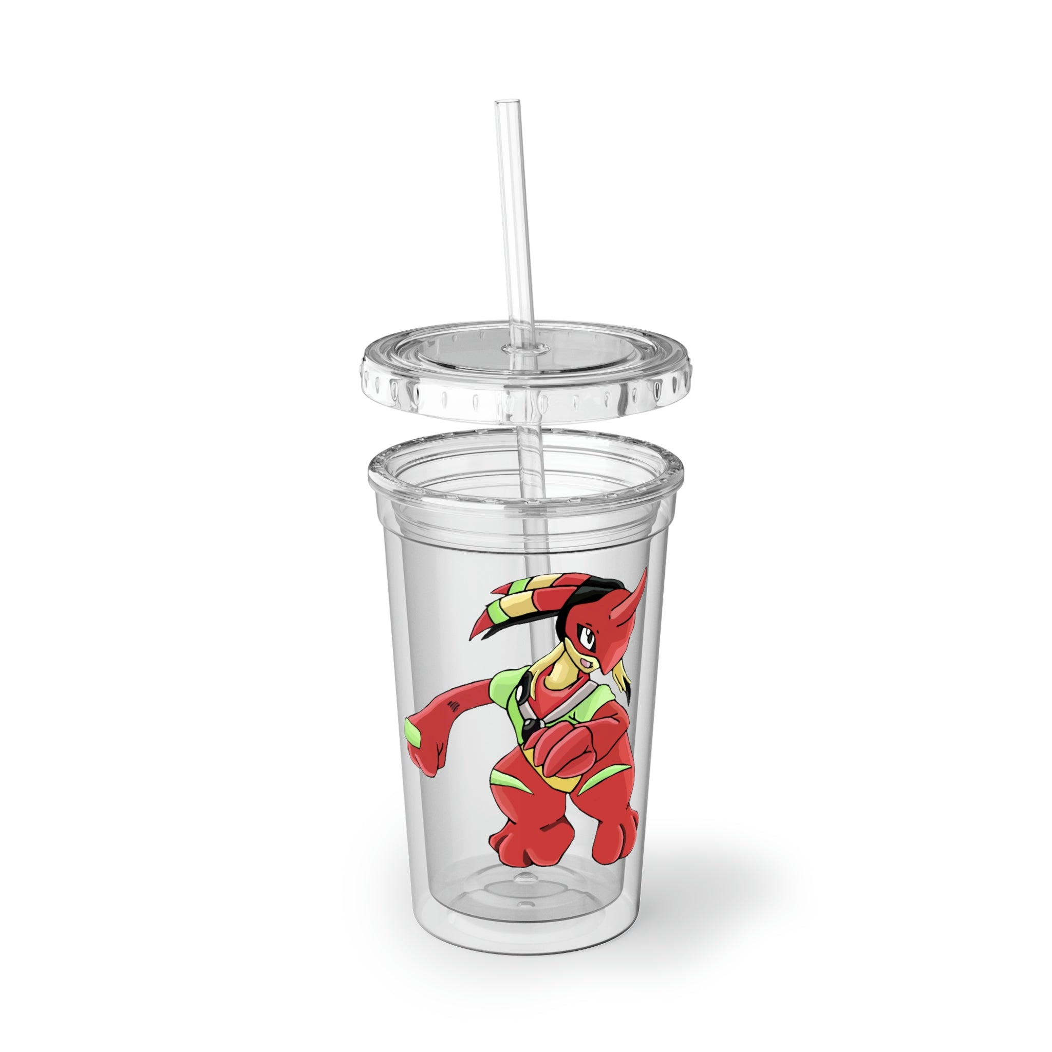 Tsostkichan Suave Acrylic Cup in stainless steel with a black screw-on cap and a plastic straw, showcasing a customizable design.