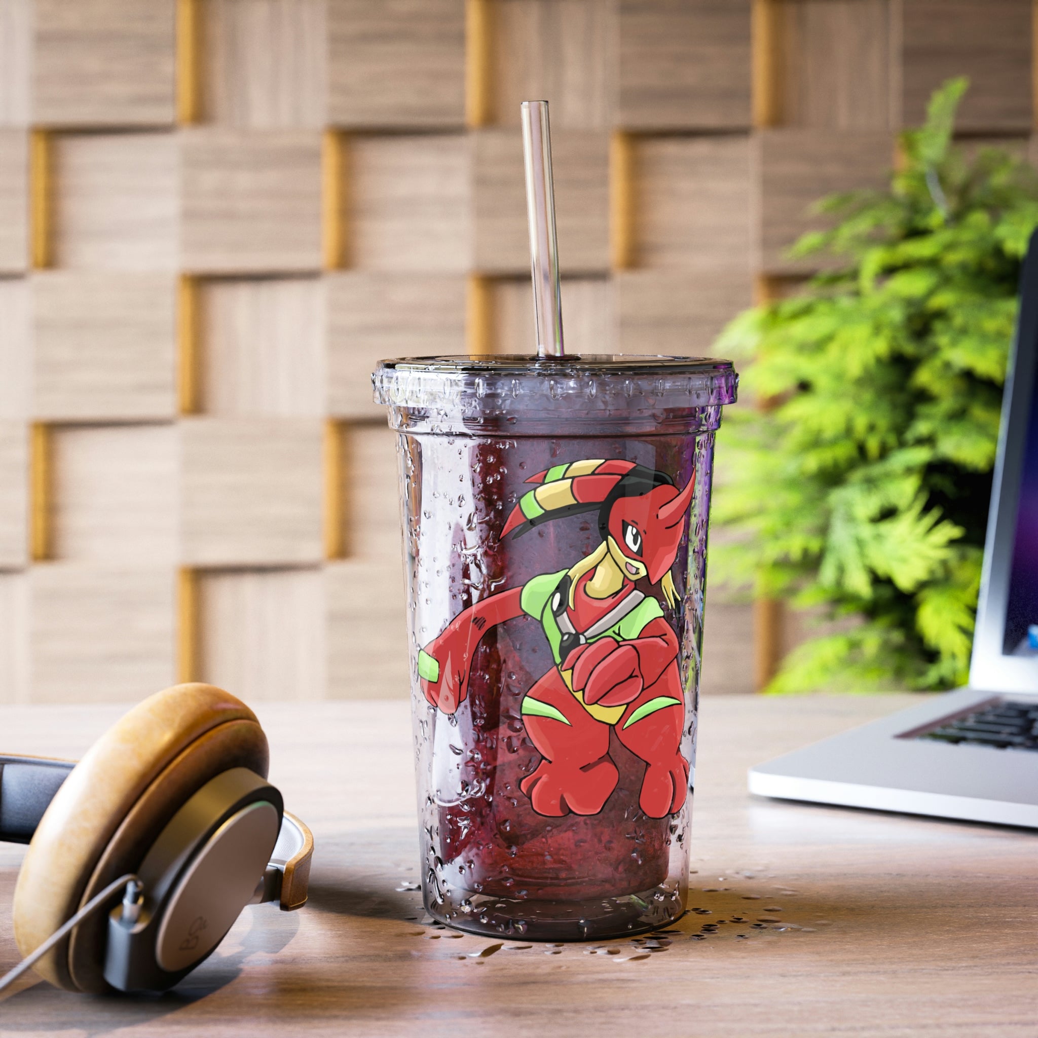 Tsostkichan Suave Acrylic Cup in stainless steel with a black screw-on cap and a plastic straw, showcasing a customizable design.