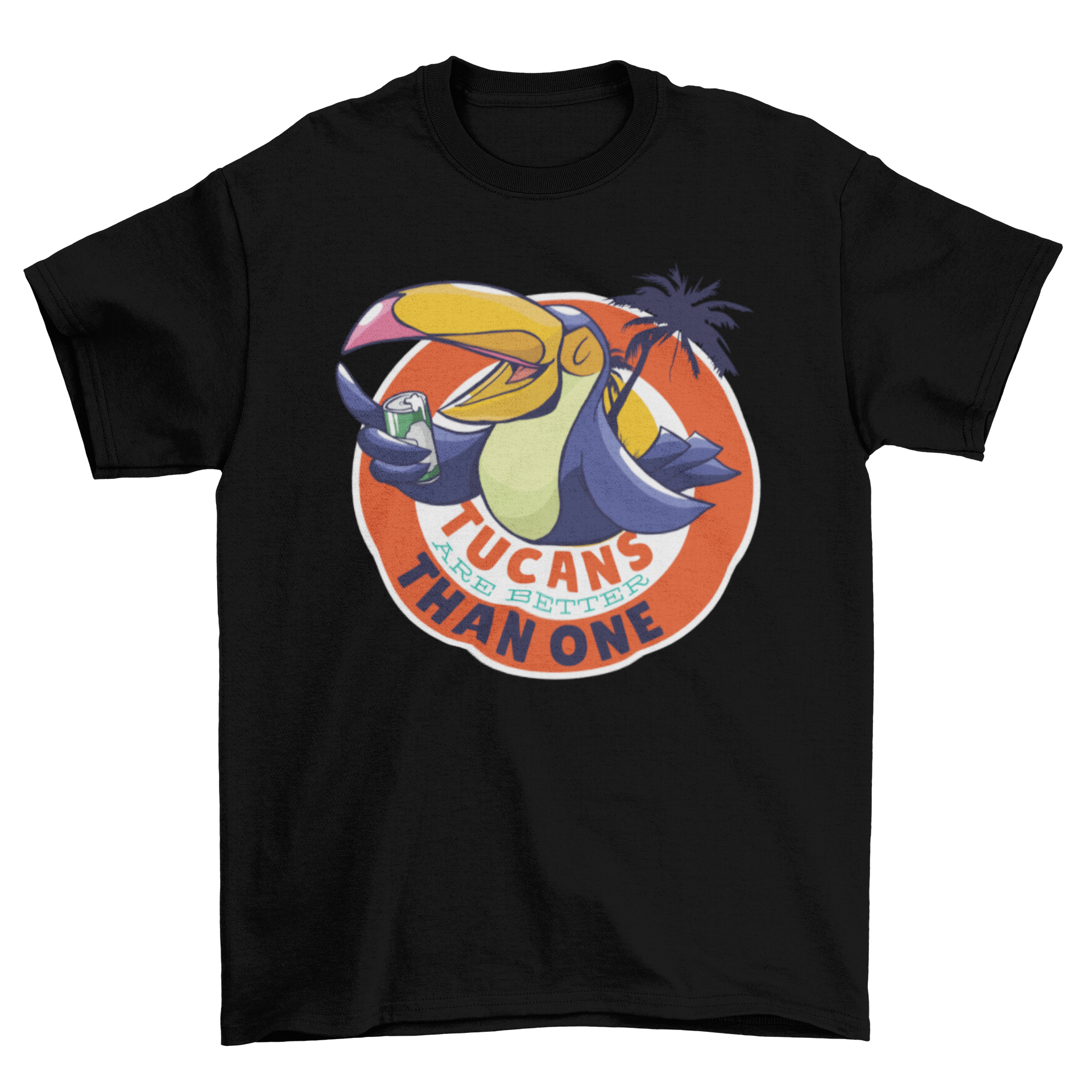 A colorful illustration of a tucan holding a beer can with the text 'Tucans are better than one' for a fun t-shirt design.