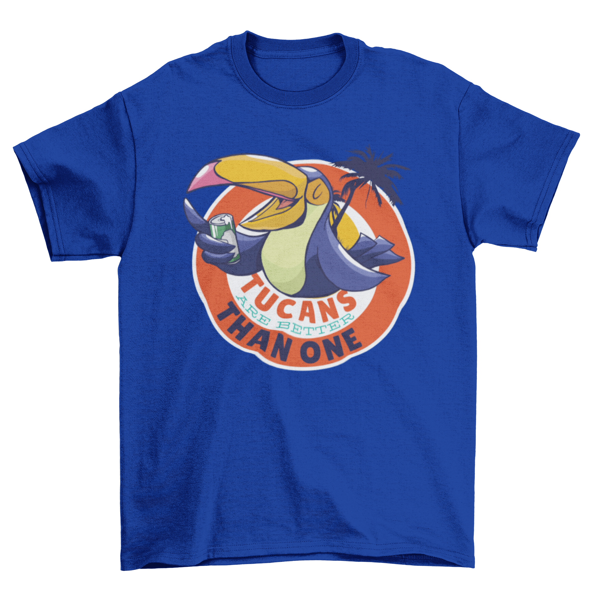 A colorful illustration of a tucan holding a beer can with the text 'Tucans are better than one' for a fun t-shirt design.