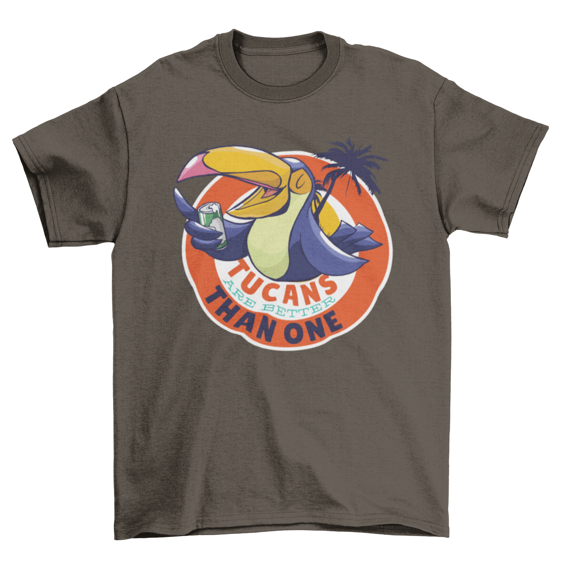 A colorful illustration of a tucan holding a beer can with the text 'Tucans are better than one' for a fun t-shirt design.