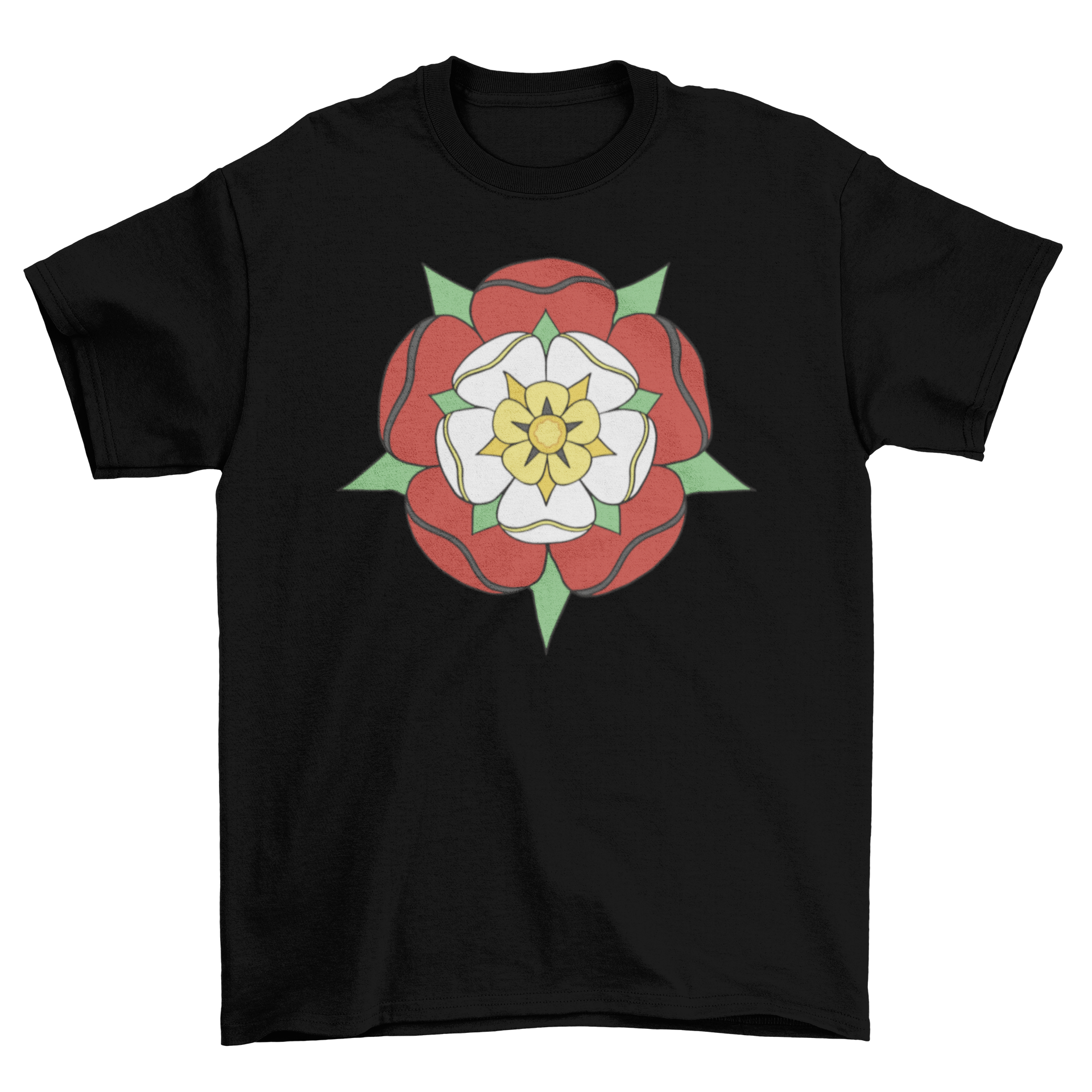 A stylish Tudor Rose flower t-shirt featuring a colorful stroke design, perfect for casual wear.