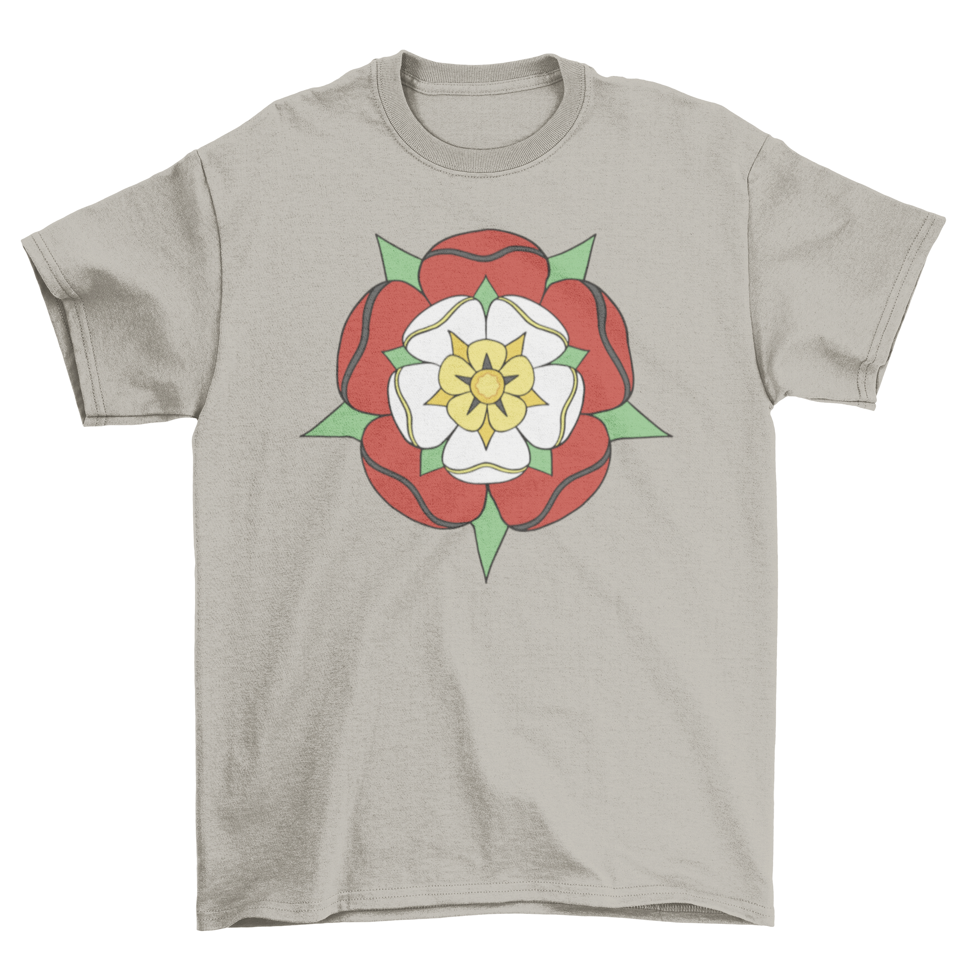 A stylish Tudor Rose flower t-shirt featuring a colorful stroke design, perfect for casual wear.