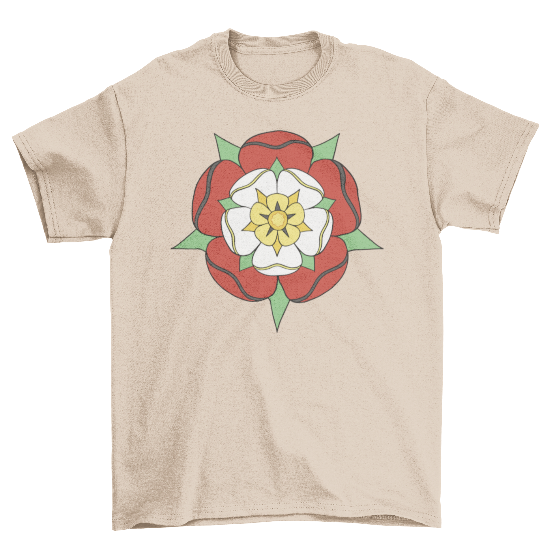 A stylish Tudor Rose flower t-shirt featuring a colorful stroke design, perfect for casual wear.