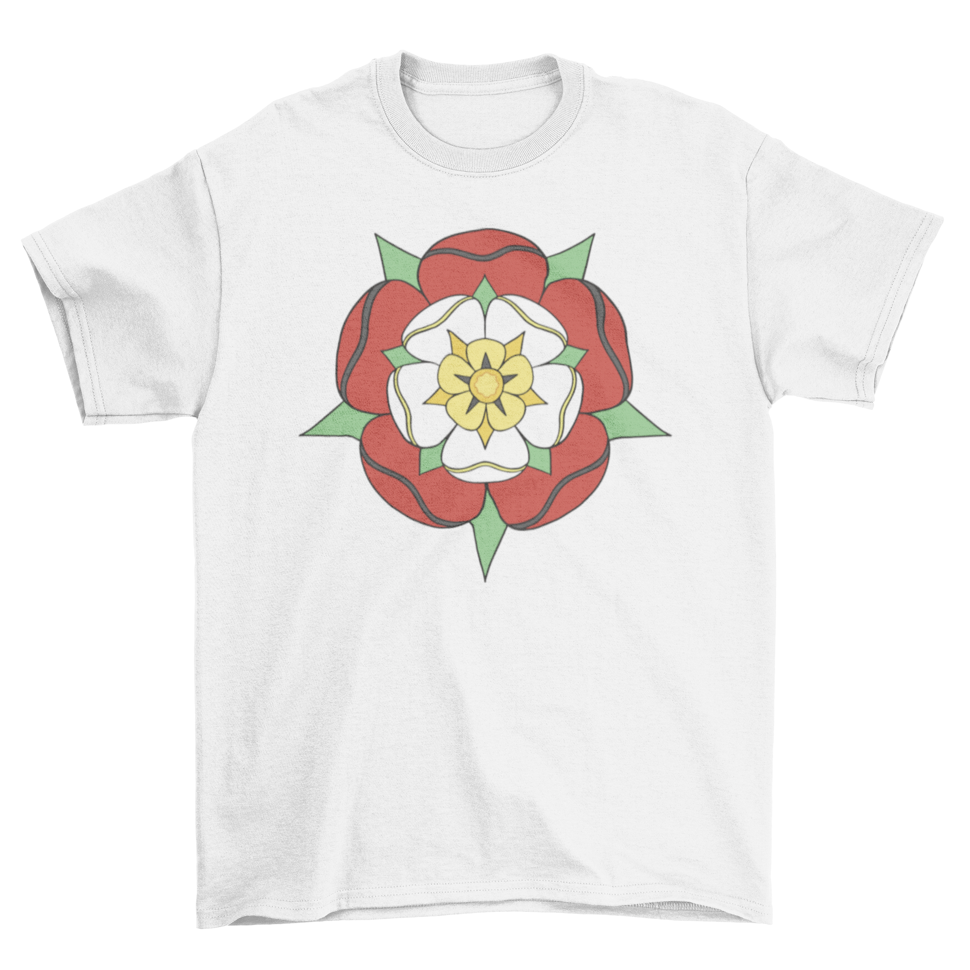 A stylish Tudor Rose flower t-shirt featuring a colorful stroke design, perfect for casual wear.