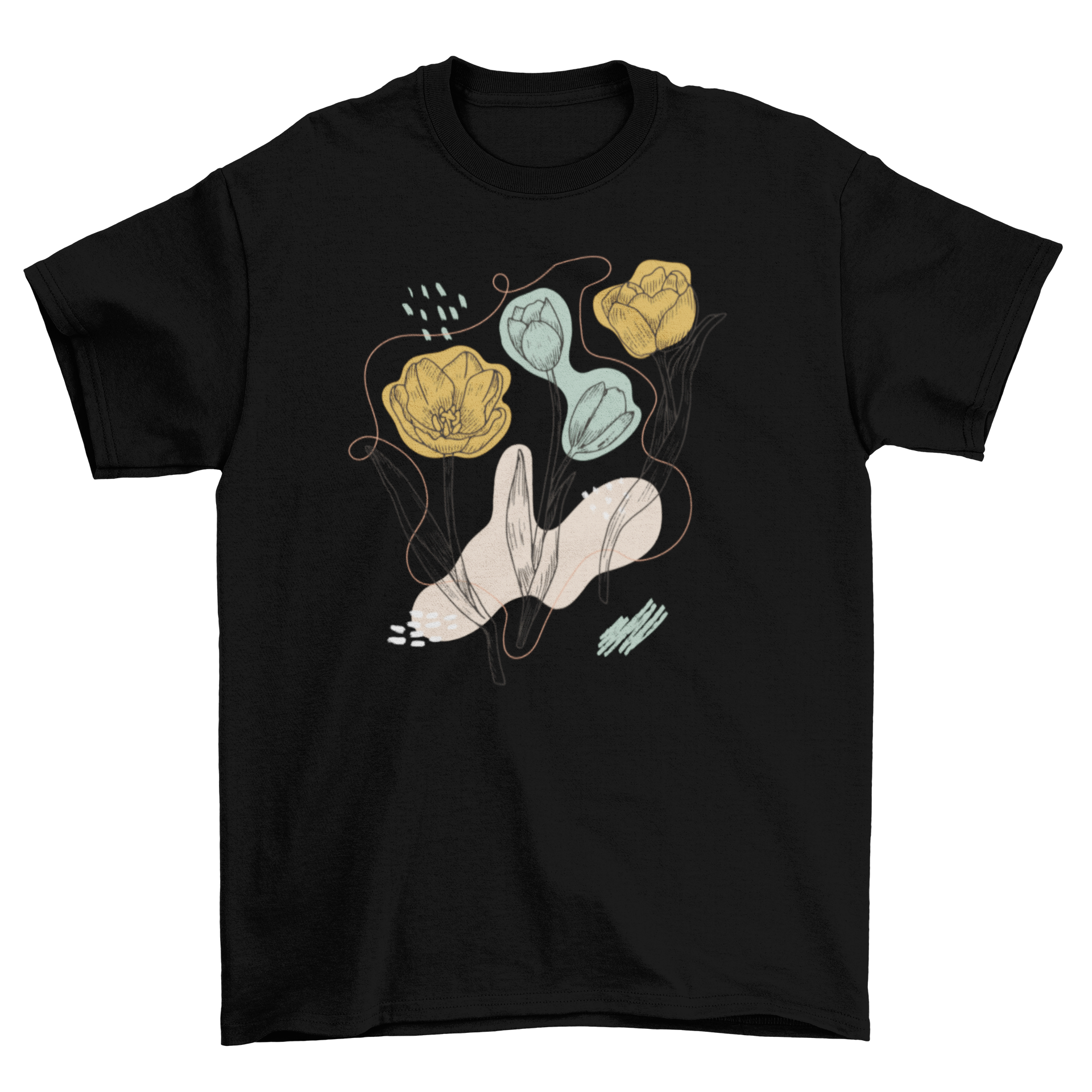 A stylish t-shirt featuring an organic abstract design of colorful tulip flowers, perfect for casual wear.