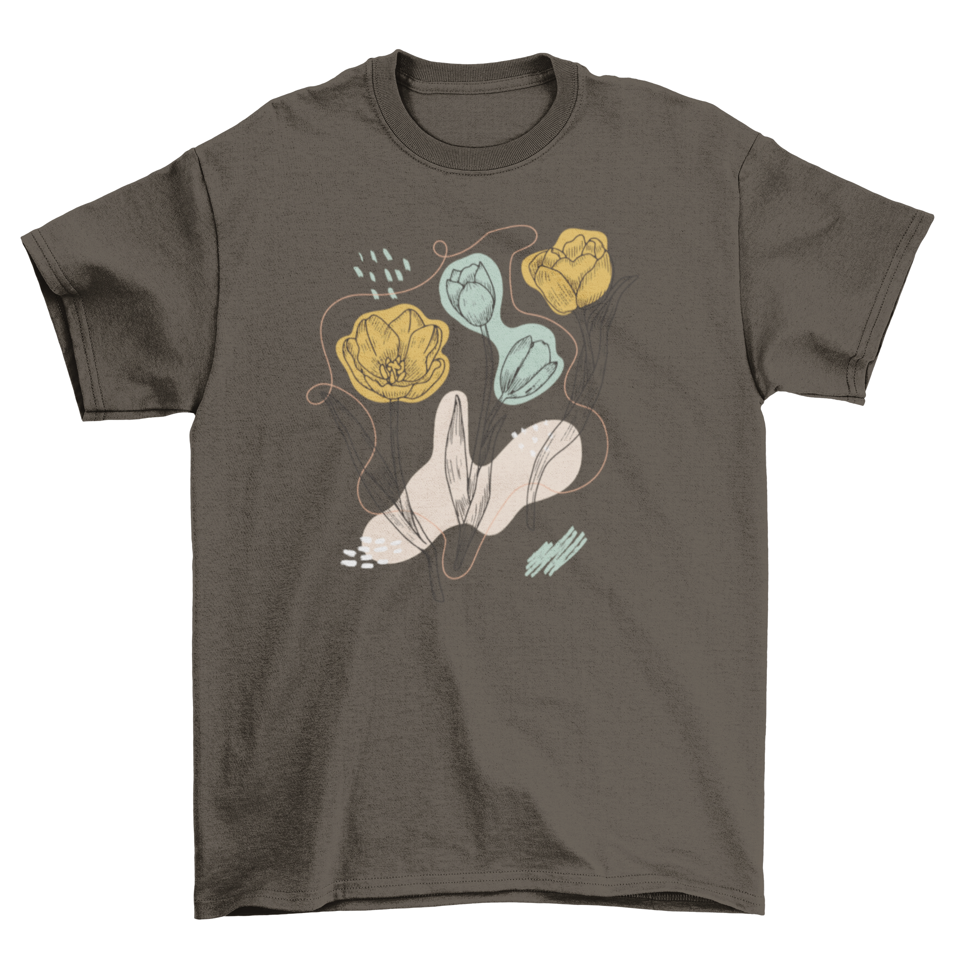 A stylish t-shirt featuring an organic abstract design of colorful tulip flowers, perfect for casual wear.