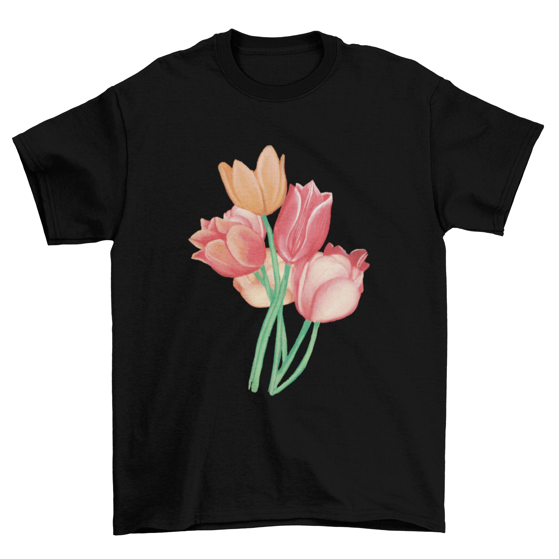 A vibrant watercolor t-shirt design featuring a bouquet of tulip flowers in various colors.