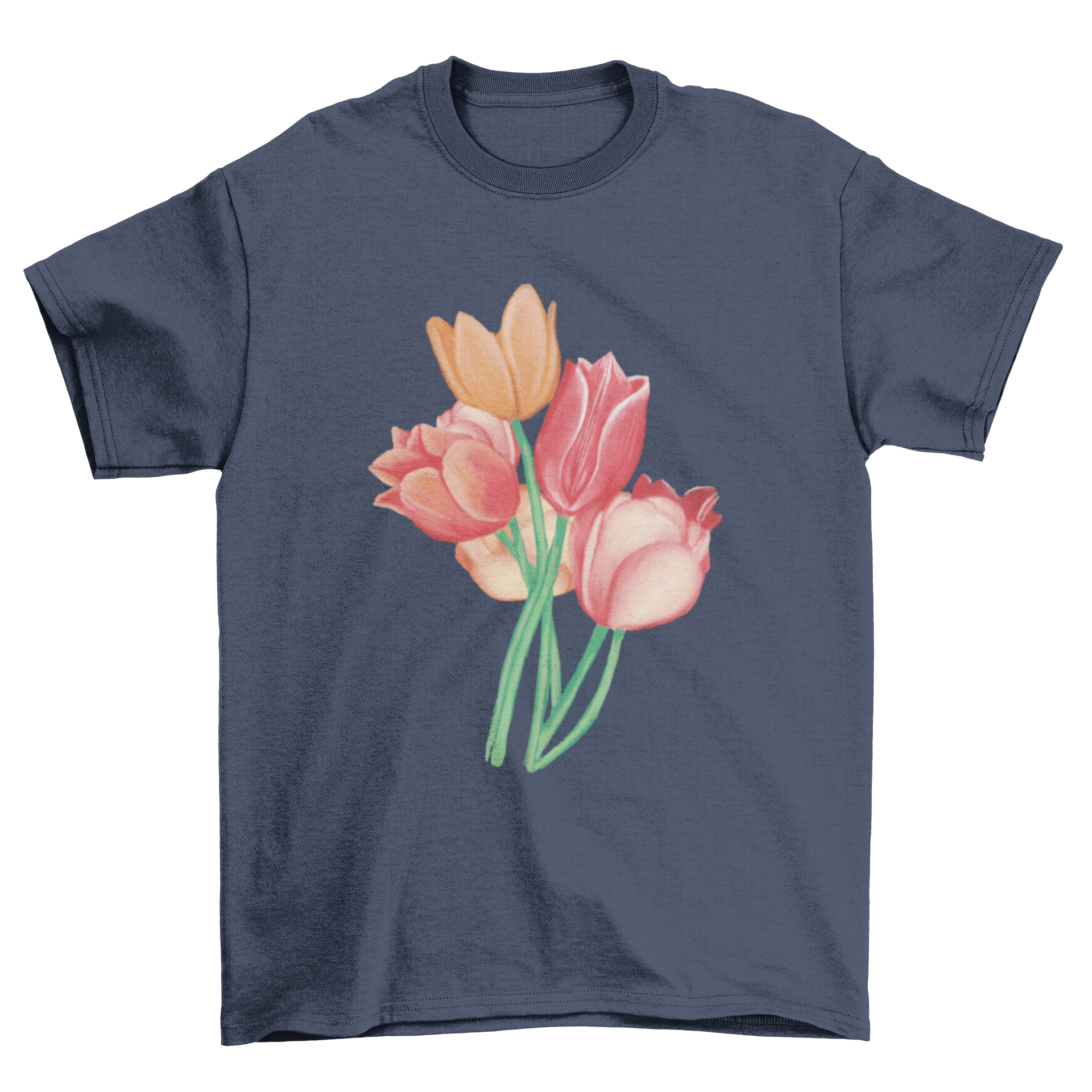 A vibrant watercolor t-shirt design featuring a bouquet of tulip flowers in various colors.