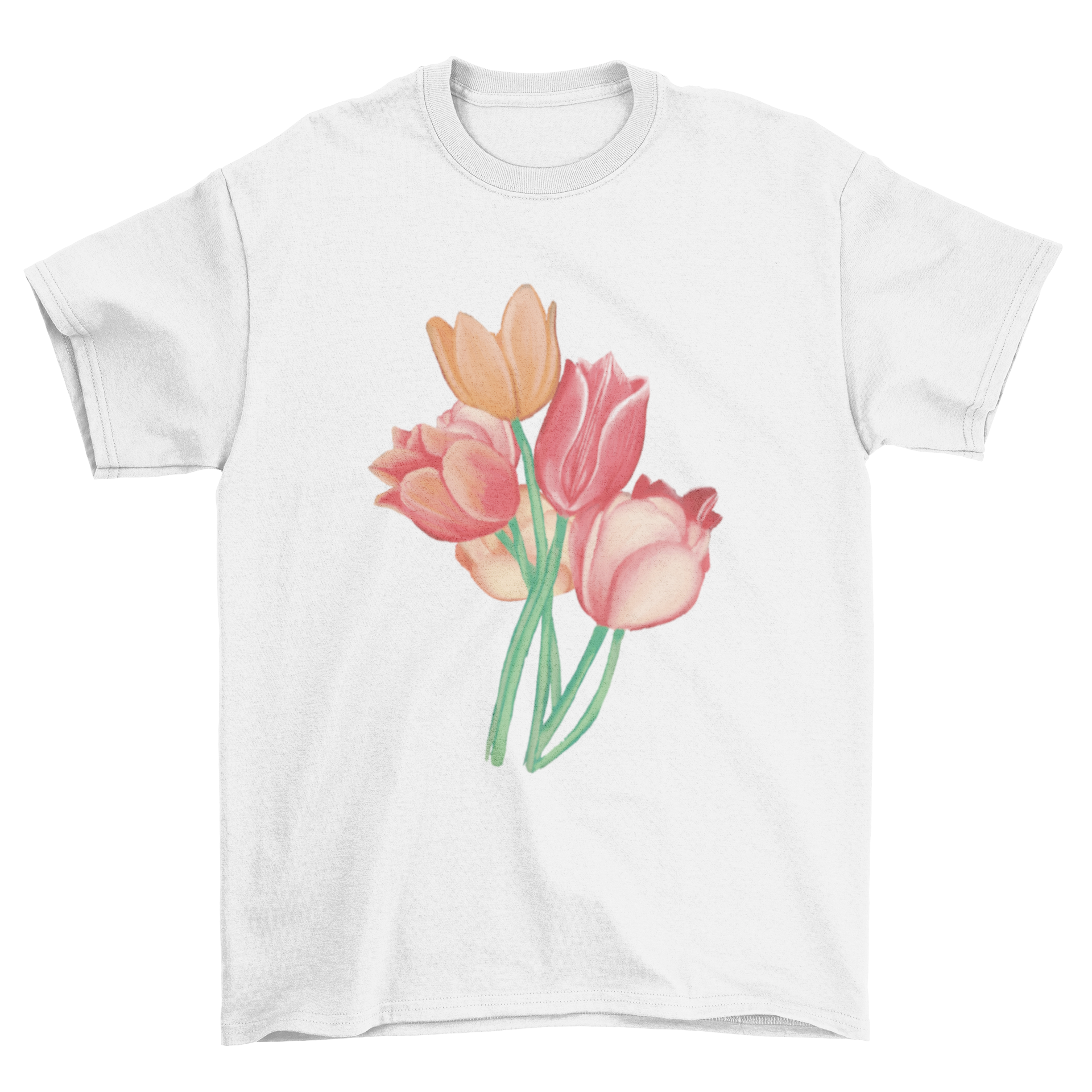 A vibrant watercolor t-shirt design featuring a bouquet of tulip flowers in various colors.