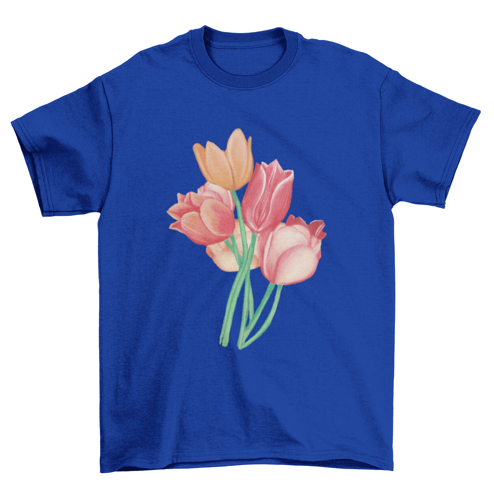 A vibrant watercolor t-shirt design featuring a bouquet of tulip flowers in various colors.