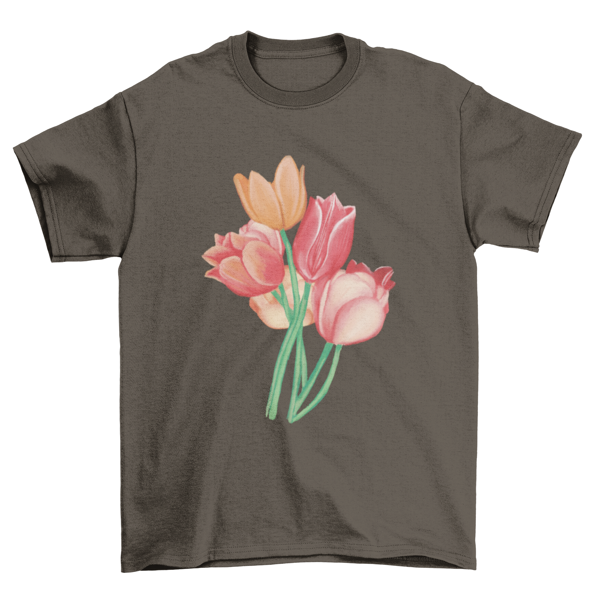 A vibrant watercolor t-shirt design featuring a bouquet of tulip flowers in various colors.