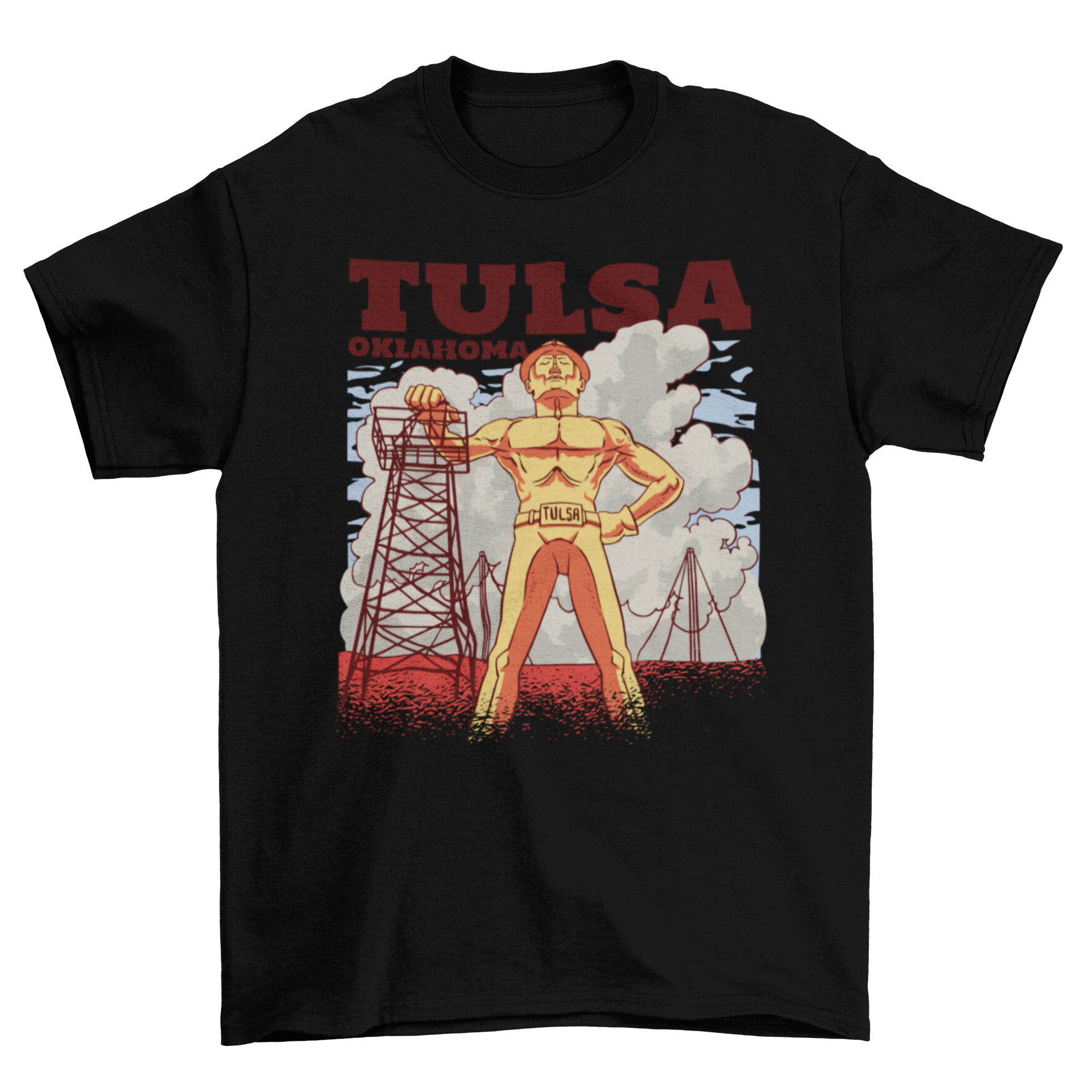 A stylish t-shirt featuring the urban district tower design of Tulsa Oklahoma, showcasing its vibrant culture.