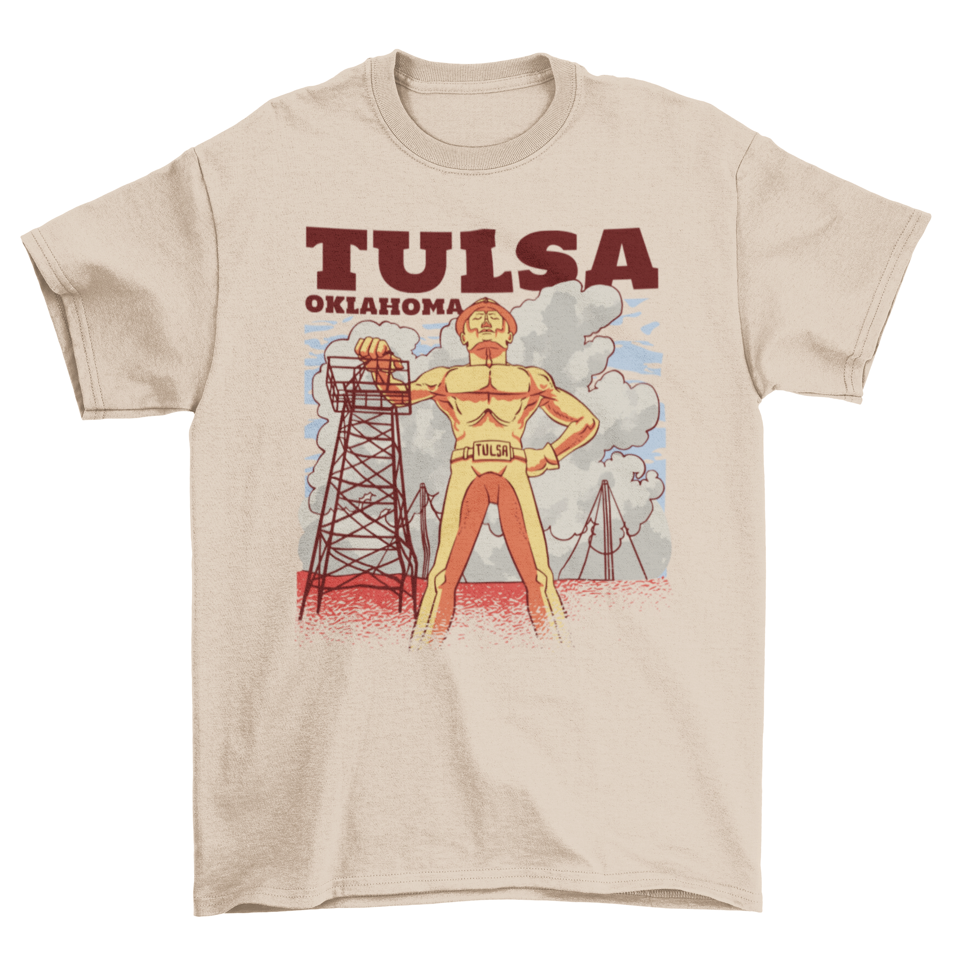 A stylish t-shirt featuring the urban district tower design of Tulsa Oklahoma, showcasing its vibrant culture.