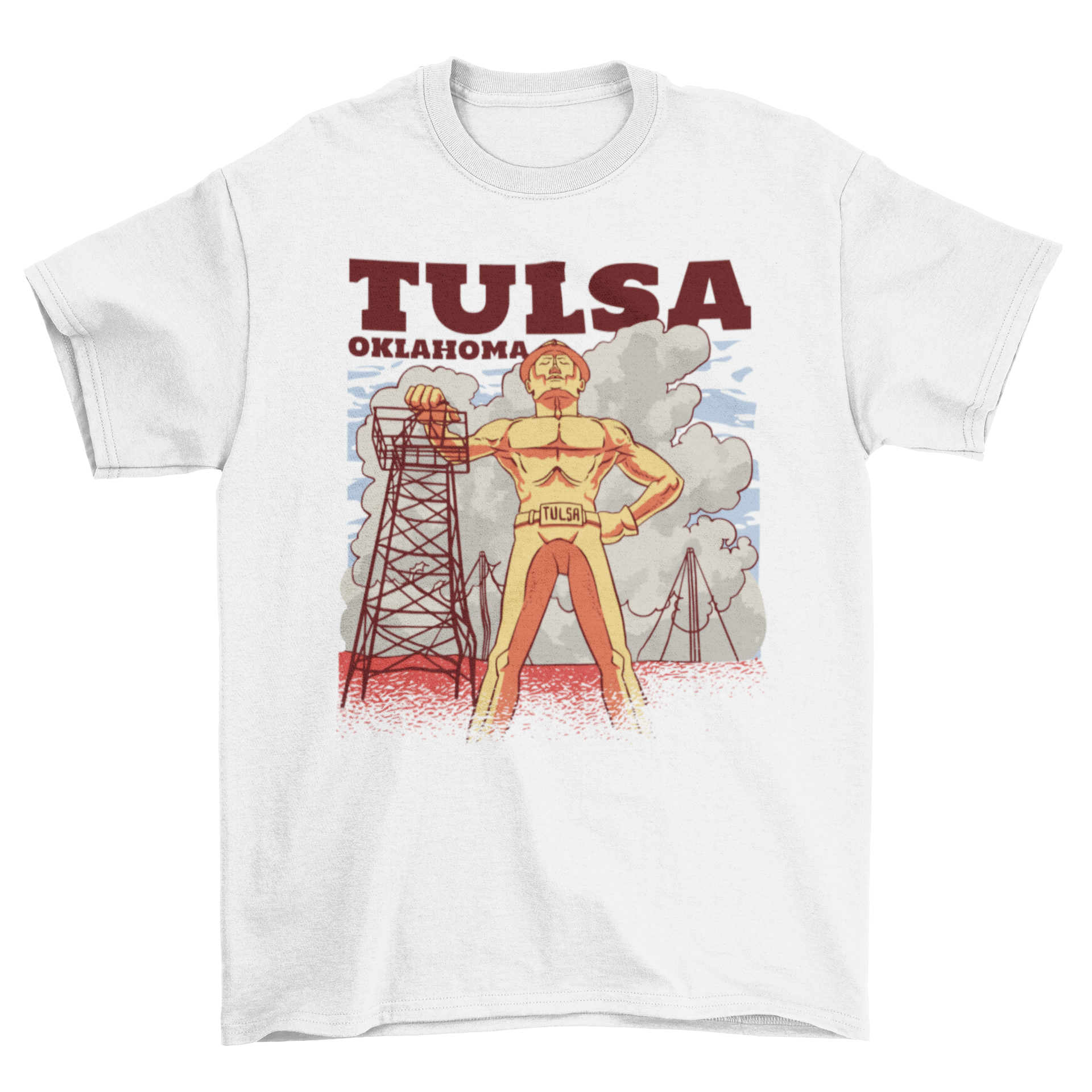 A stylish t-shirt featuring the urban district tower design of Tulsa Oklahoma, showcasing its vibrant culture.