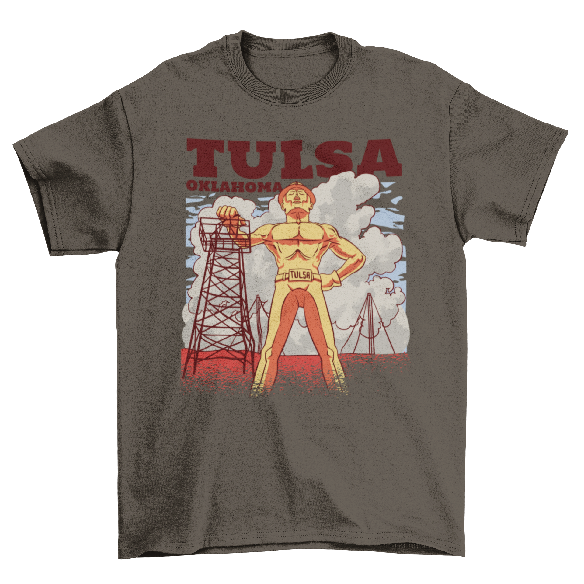 A stylish t-shirt featuring the urban district tower design of Tulsa Oklahoma, showcasing its vibrant culture.