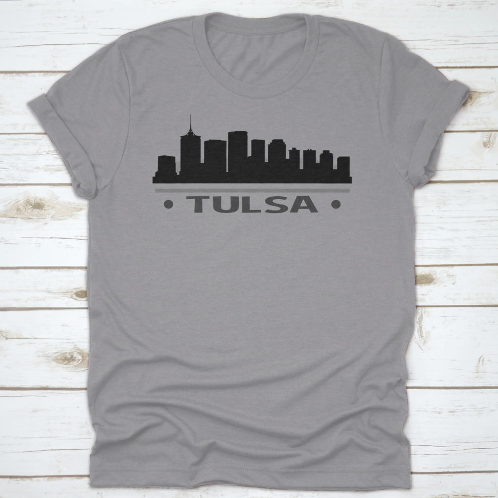 Vector clip art of the Tulsa skyline silhouette featuring famous buildings.