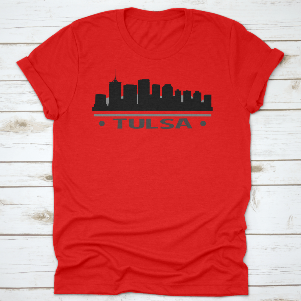 Vector clip art of the Tulsa skyline silhouette featuring famous buildings.