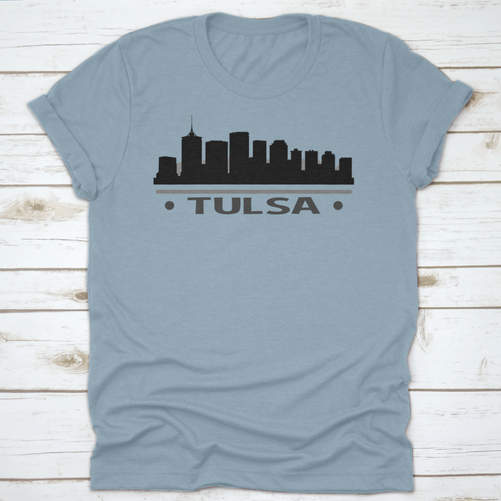 Vector clip art of the Tulsa skyline silhouette featuring famous buildings.