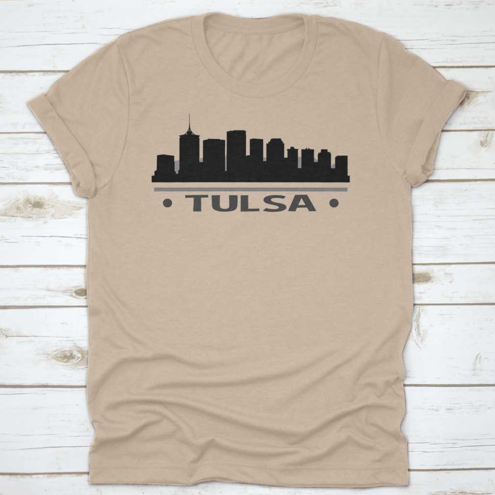 Vector clip art of the Tulsa skyline silhouette featuring famous buildings.