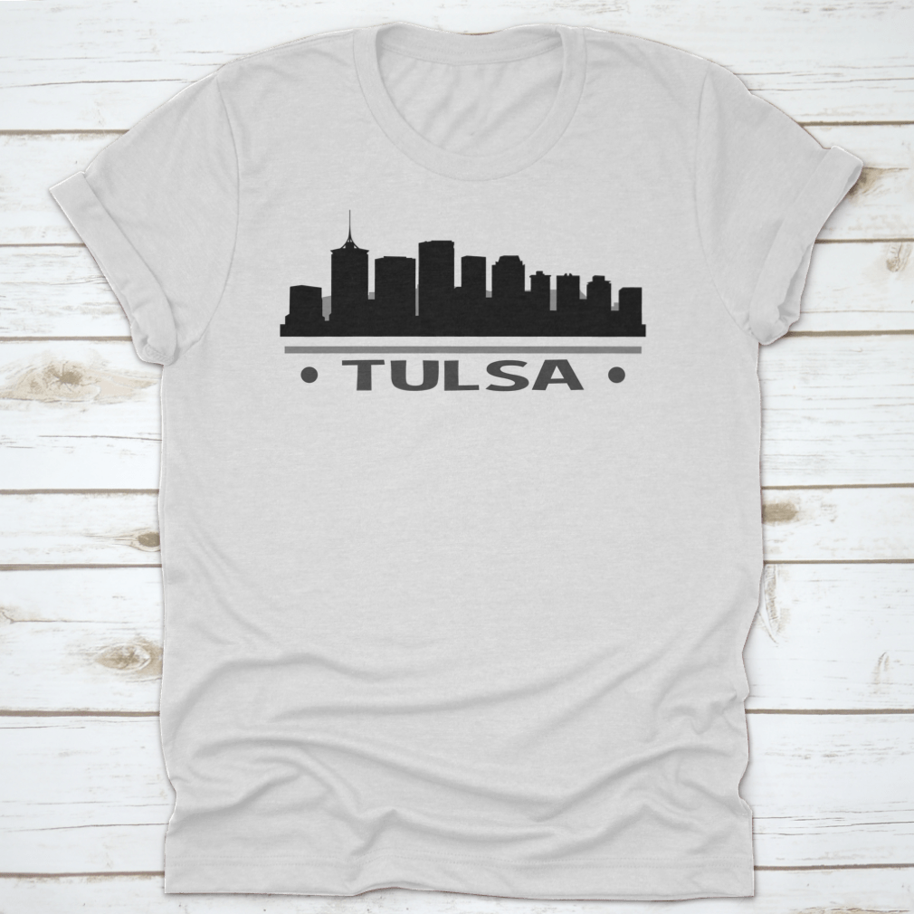 Vector clip art of the Tulsa skyline silhouette featuring famous buildings.