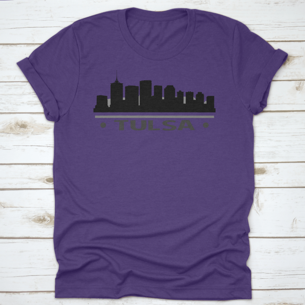 Vector clip art of the Tulsa skyline silhouette featuring famous buildings.