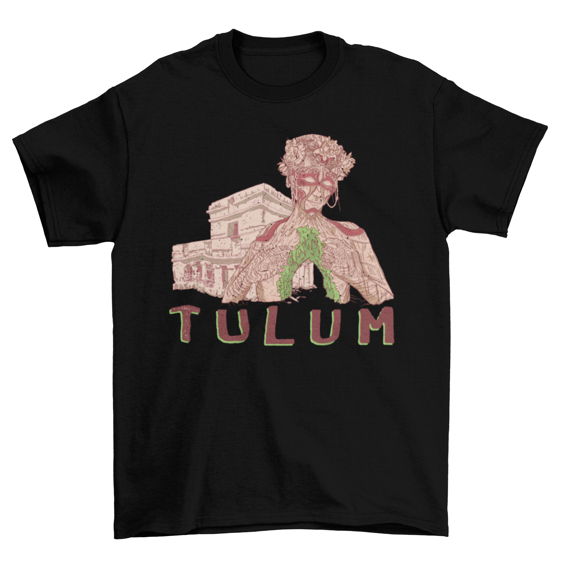 A stylish t-shirt featuring the ruins of Tulum and the Mother Nature sculpture, showcasing vibrant colors and intricate details.