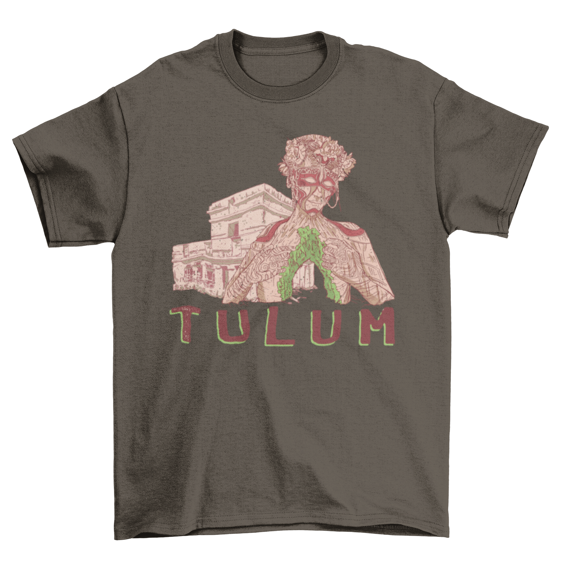 A stylish t-shirt featuring the ruins of Tulum and the Mother Nature sculpture, showcasing vibrant colors and intricate details.