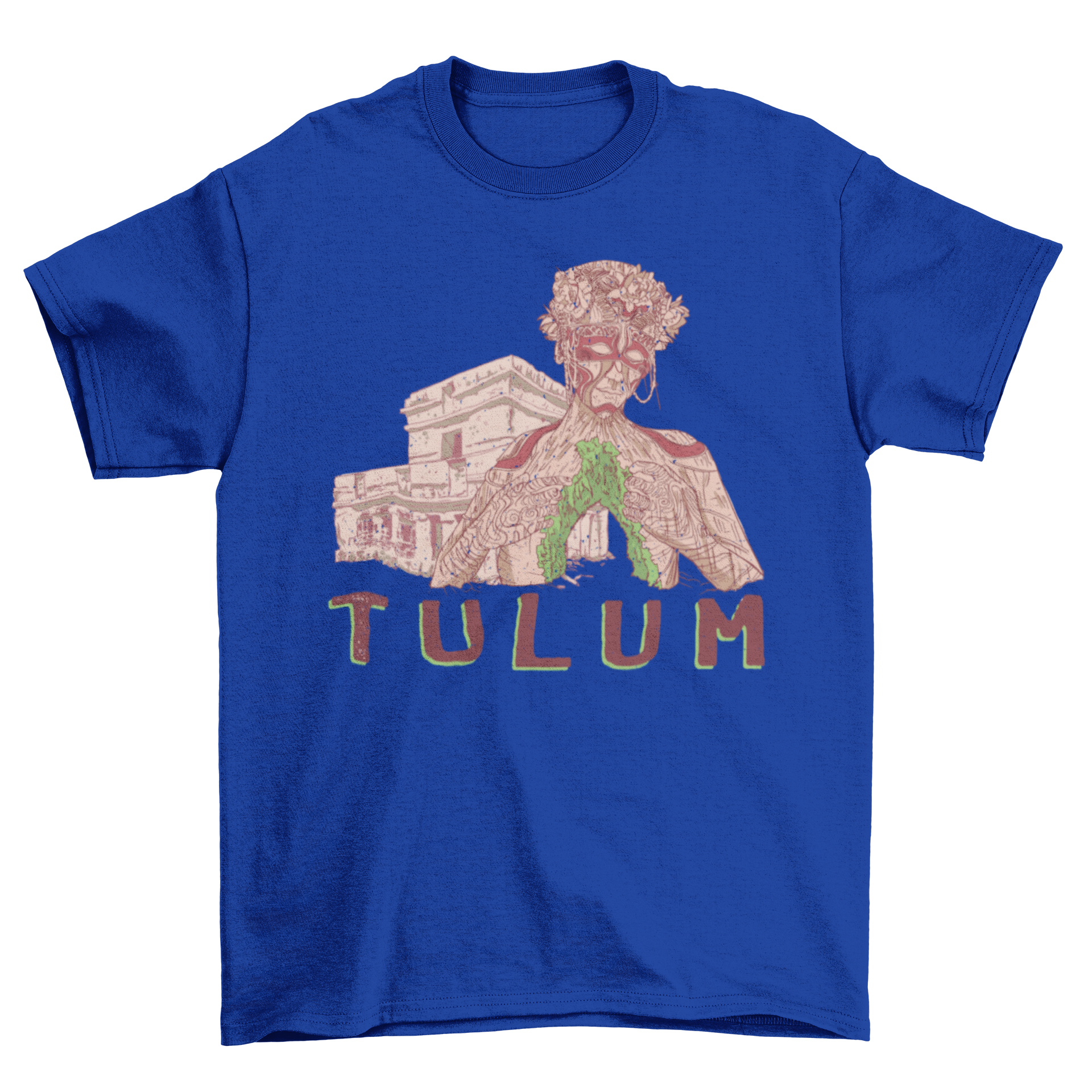 A stylish t-shirt featuring the ruins of Tulum and the Mother Nature sculpture, showcasing vibrant colors and intricate details.