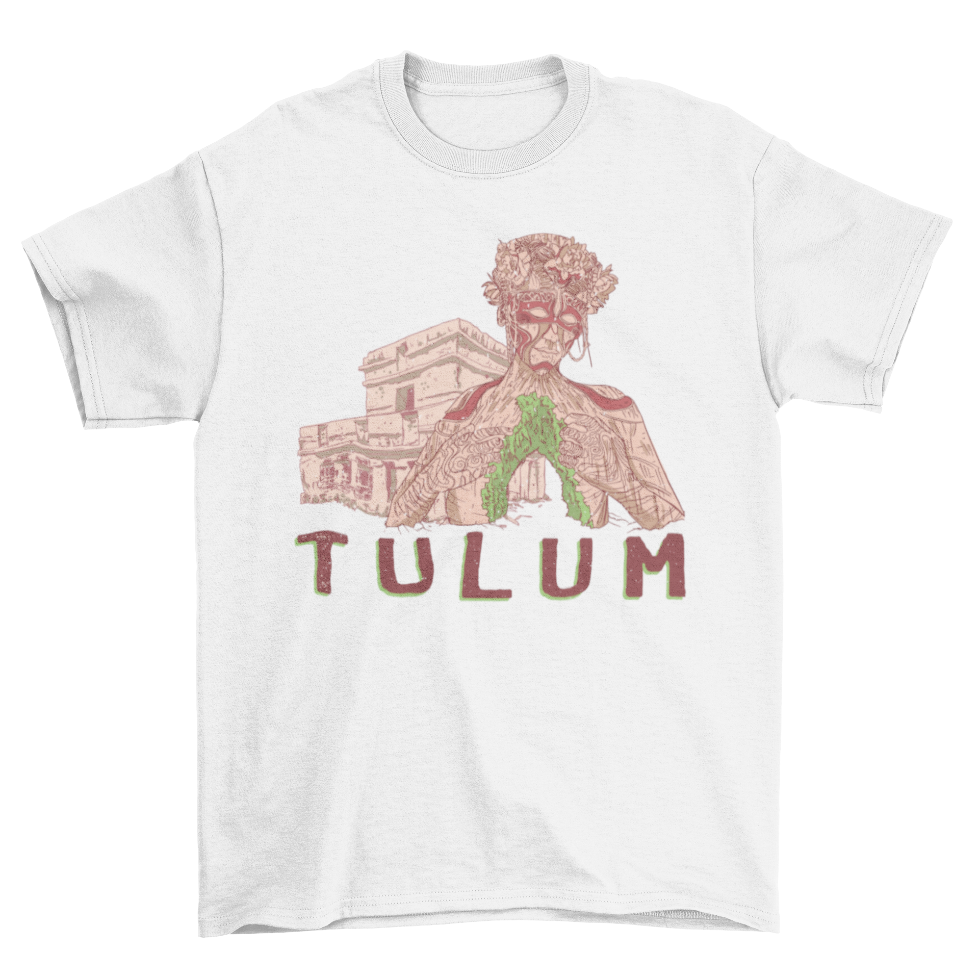 A stylish t-shirt featuring the ruins of Tulum and the Mother Nature sculpture, showcasing vibrant colors and intricate details.