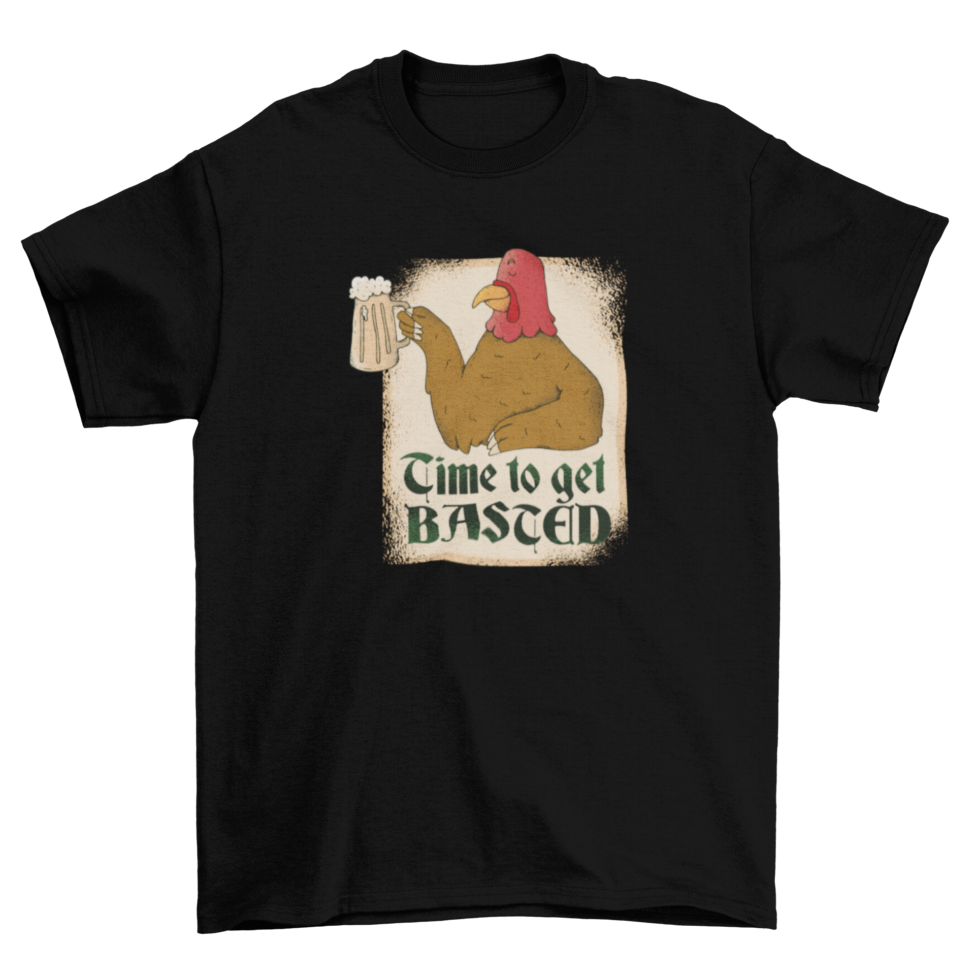 A humorous Turkey Basted T-shirt featuring a cartoon turkey holding a beer with the text 'Time to get Basted'.