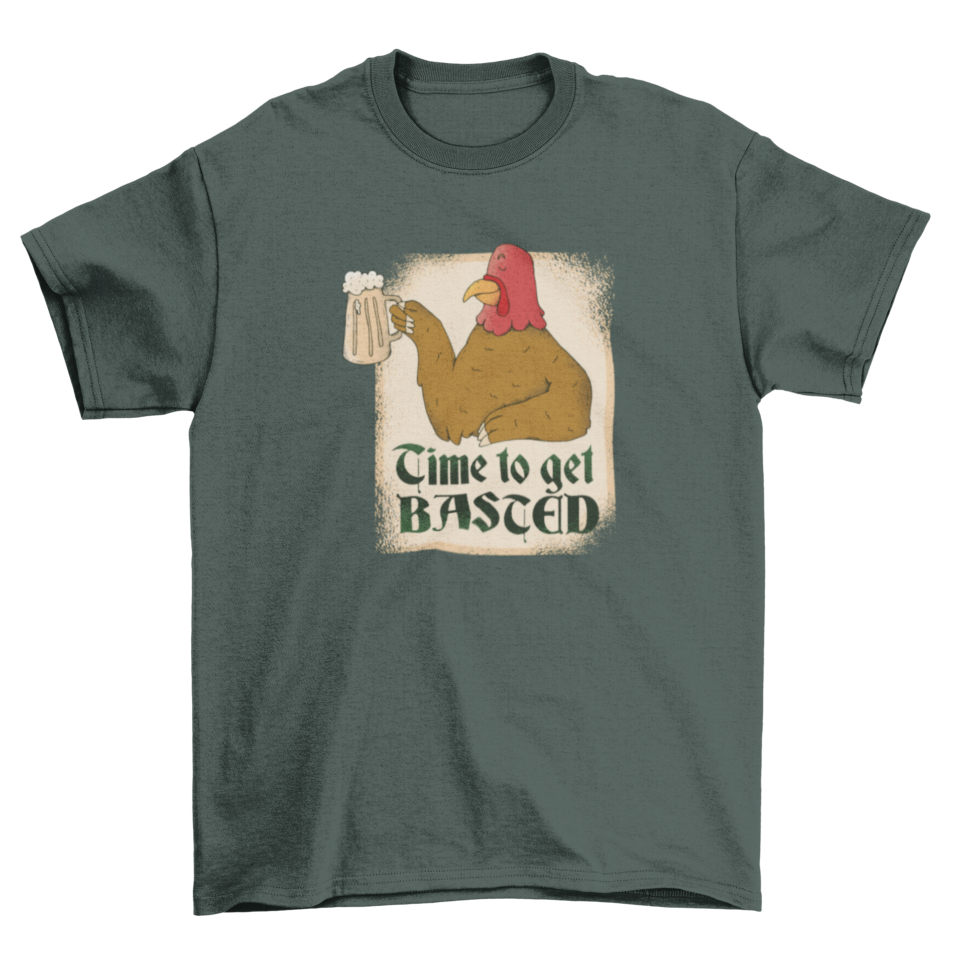 A humorous Turkey Basted T-shirt featuring a cartoon turkey holding a beer with the text 'Time to get Basted'.