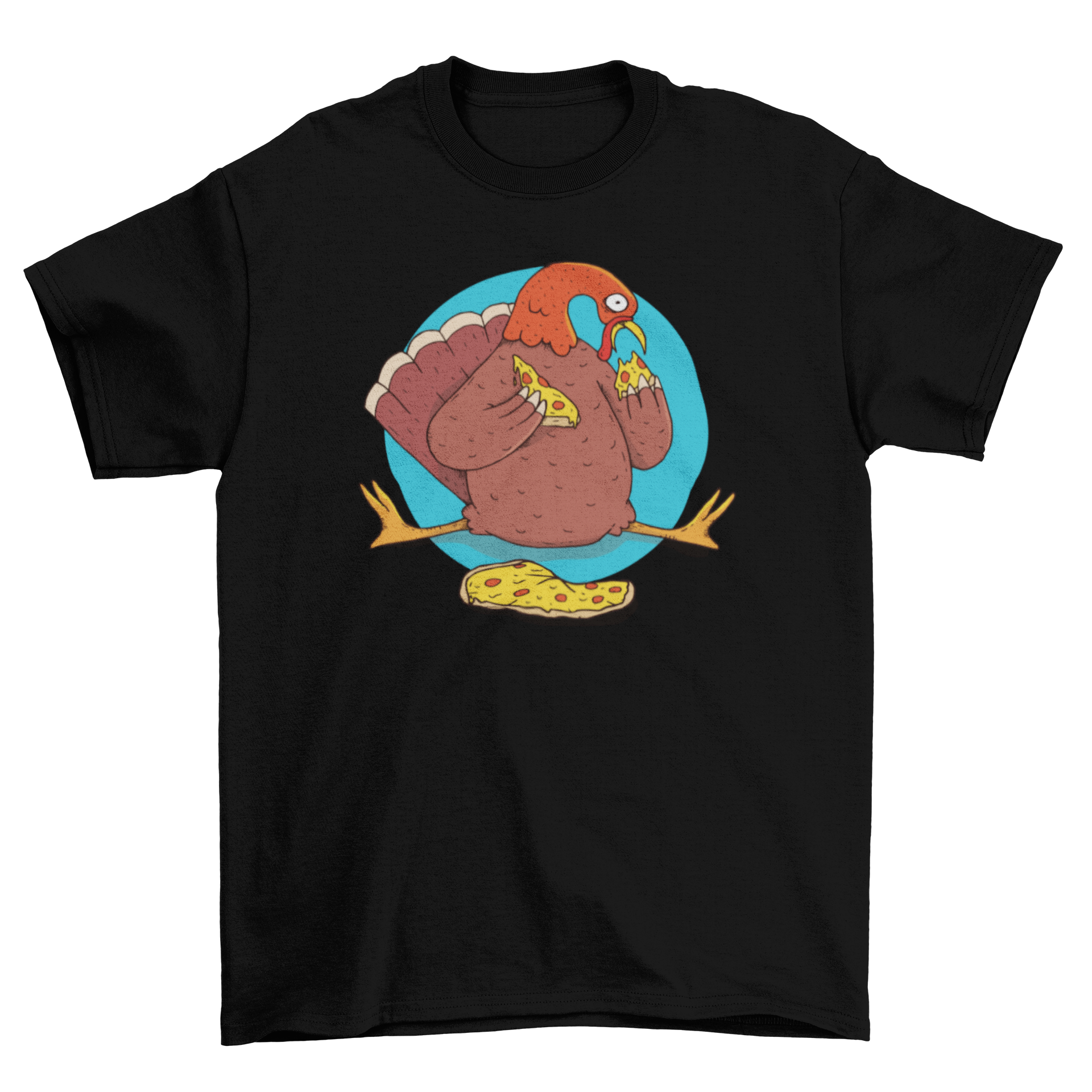 A humorous Turkey Pizza T-shirt featuring a cartoon turkey eating pizza on a blue circular background.