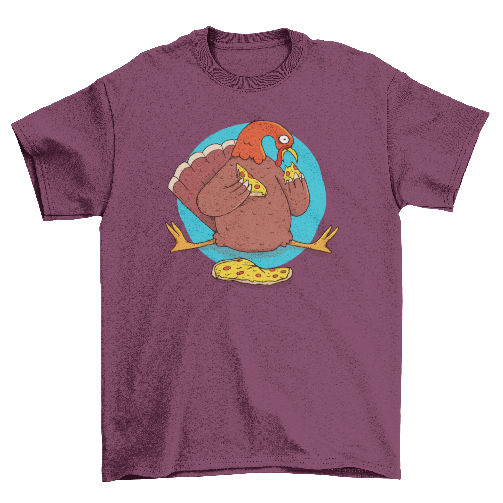 A humorous Turkey Pizza T-shirt featuring a cartoon turkey eating pizza on a blue circular background.